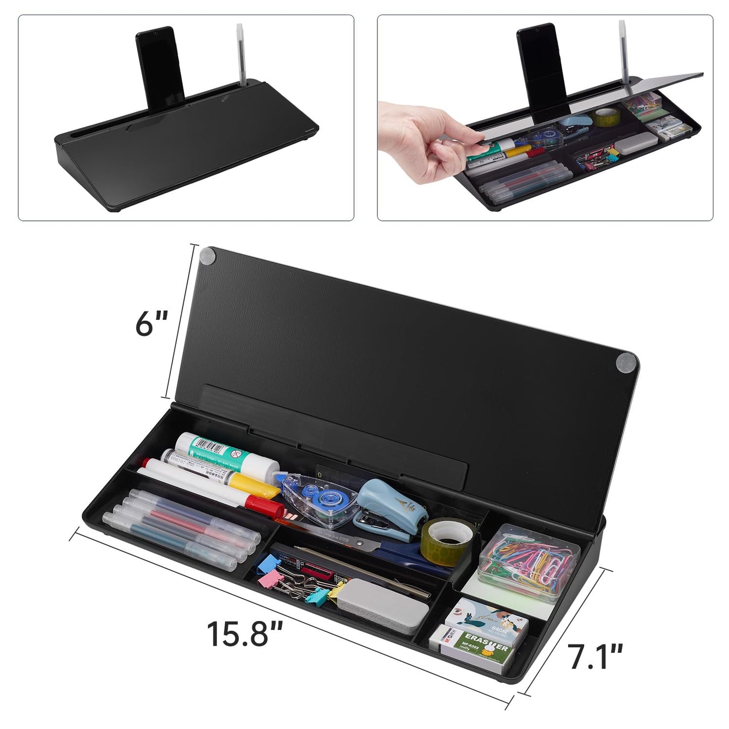 TSJ OFFICE Desktop Whiteboard Dry-Erase-Board - Computer Keyboard Stand White Board Surface Pad with Drawer, Desk Organizers with Accessories for Office, Home, School Supplies - Complete Black