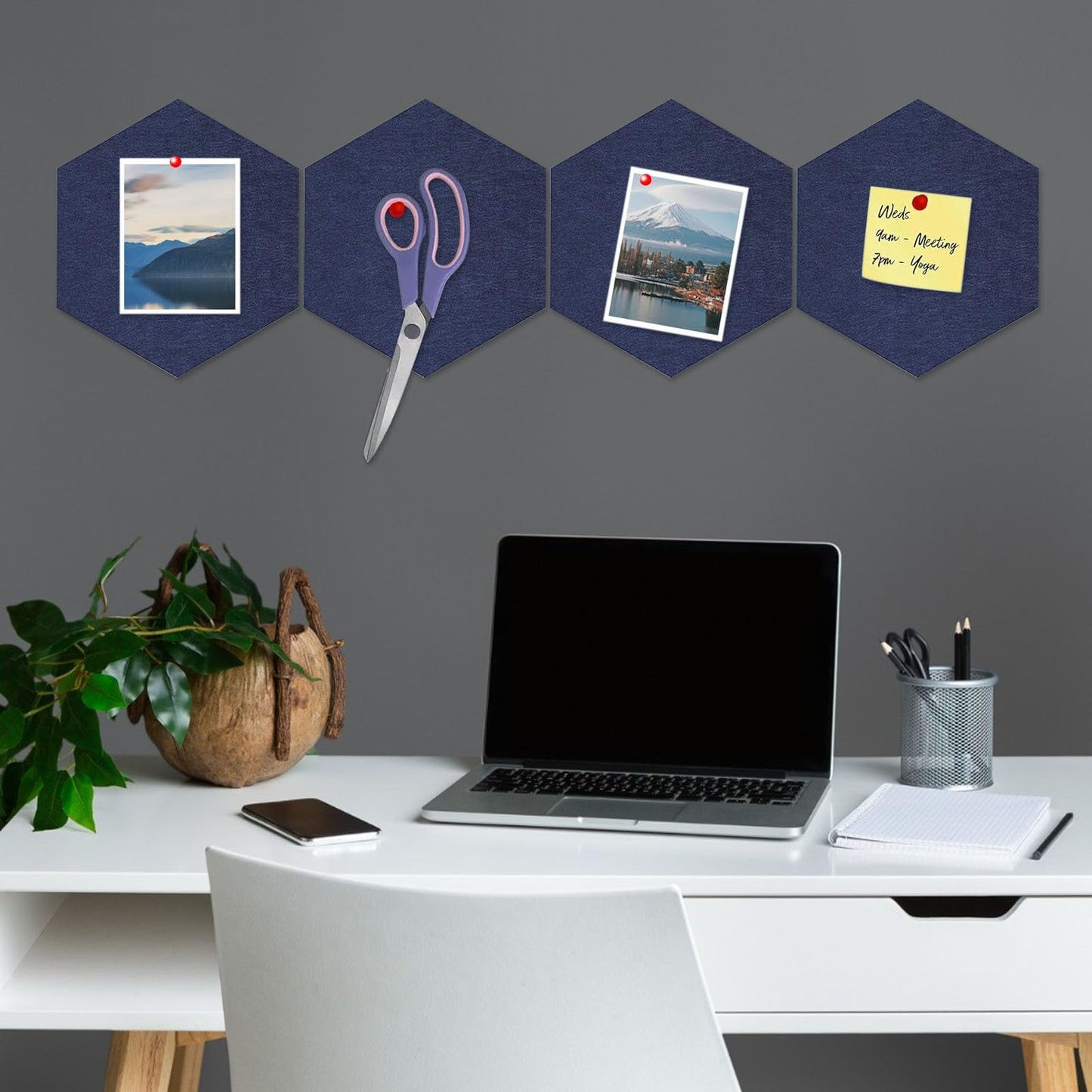 8 Packs Navy Blue Hexagon Felt Pin Board, 12" Bulletin Board with 30 Push Pins, Felt Board for Home Kitchen Office Decor, Self-Adhesive Corkboard Tiles for Walls Message Photos Memos Display