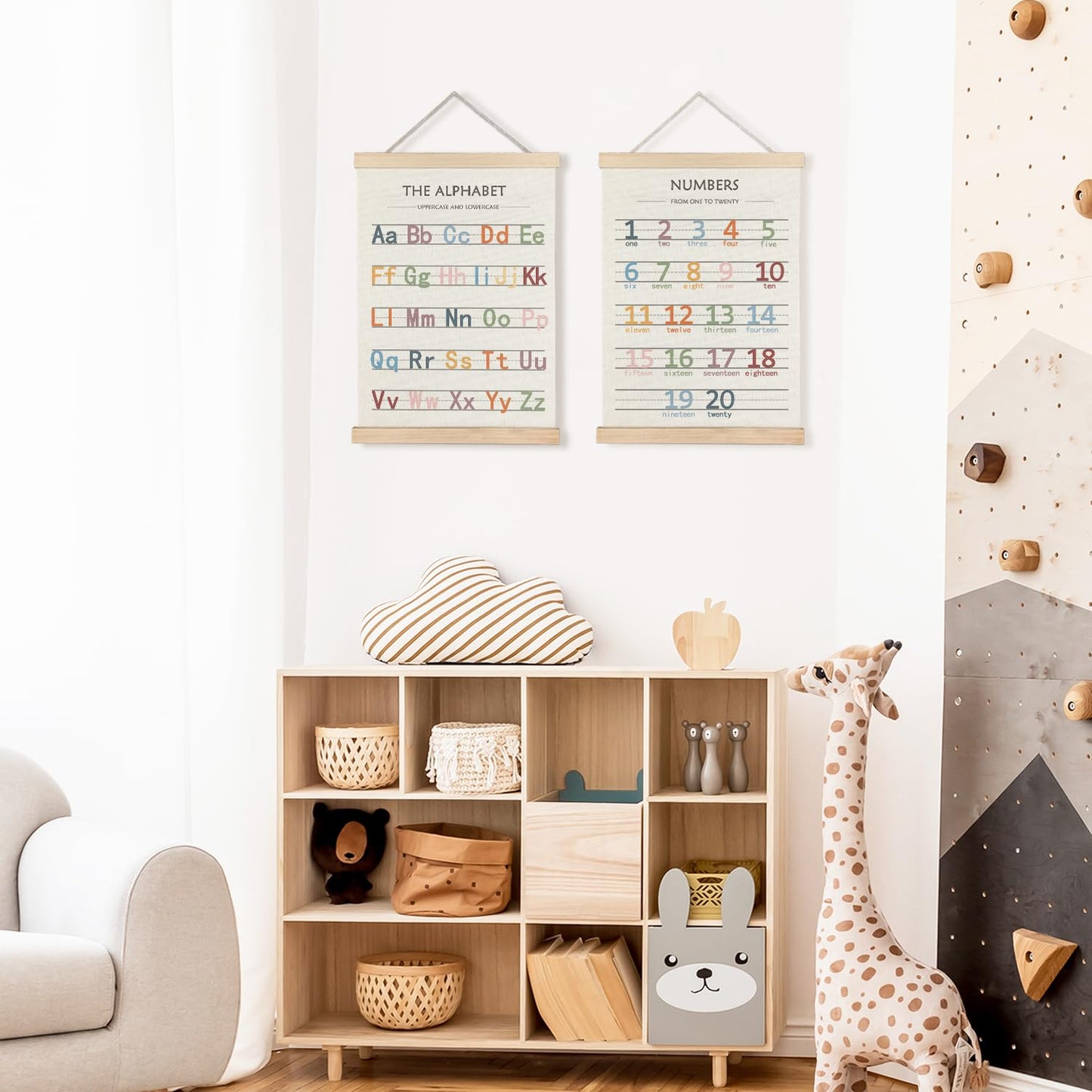 LUVADIAN Playroom Decor Alphabet Poster - Alphabet Numbers Educational Poster Hanger Frame Set of 2, Toddler Learning Posters for Nursery Kids Room Playroom Classroom Decor, 12x16 Inches