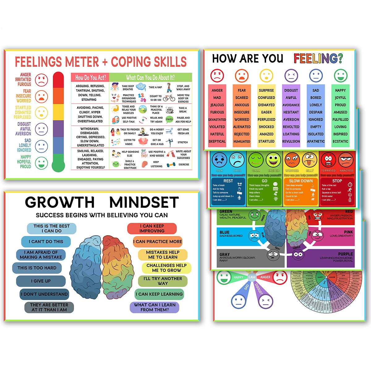 6 Zone of Self-Regulation Bulletin Board Set, Feeling Chart for Kids, Emotional Regulation Poster for Bedroom Decor Classroom Office Room Decor Set of 6 (12x18 Inch)
