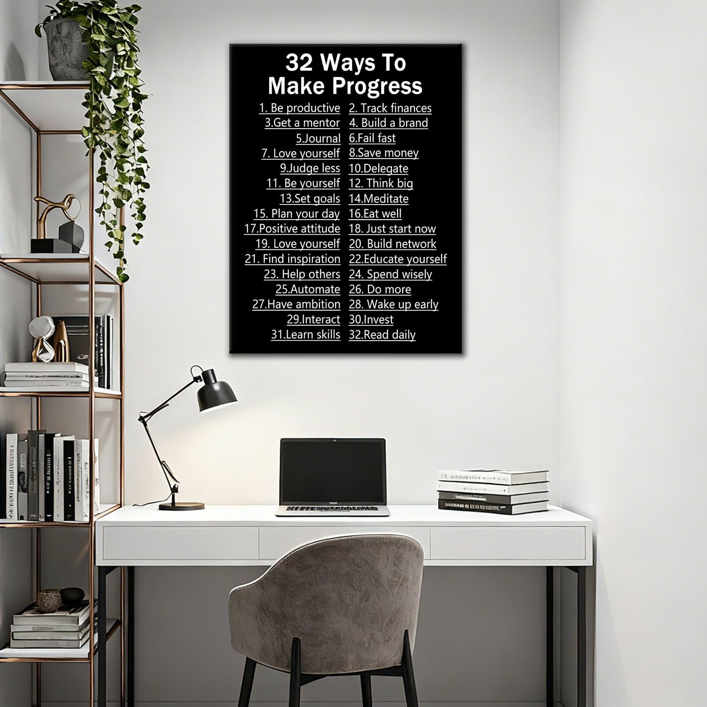 DINGFUN Inspirational Posters for Office 32 Ways to Make Progress Canvas Wall Art, Black White List Quote Single Panel Wall Decor for Home Office Dorm Classroom 24x18 Inch