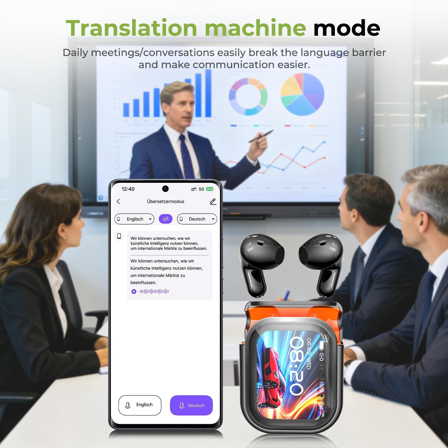 BEARTAIN NE20 Earbuds, 2025 New NE20 AI Translation Earbuds in Real Time, Language Translator Headphones with LCD Touch Screen Audifonos Traductores Inglés Español Support 135 Languages for Travel
