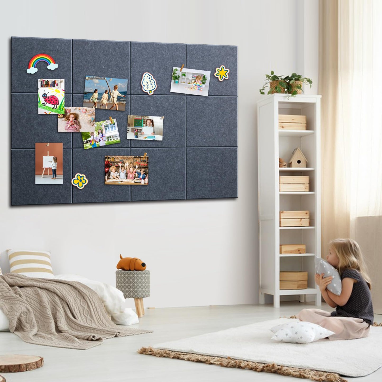 Bounmer Large Cork Bulletin Board - 48" x 36" Cork Board for Walls - 12 Pack Felt Tiles, 60 Removable Safe Adhesive Tabs & 30 Pushpins - for Office, School, Home Decor (Grey)