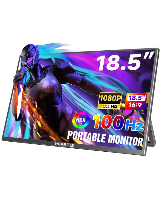 Hgfrtee Large Portable Monitor 18.5", 1080P FHD 100Hz 120% sRGB USB-C IPS Screen External Display for Laptop Mac Gaming Office PC, Travel Monitor with Kickstand & Speakers, VESA Mountable - LCD Panels