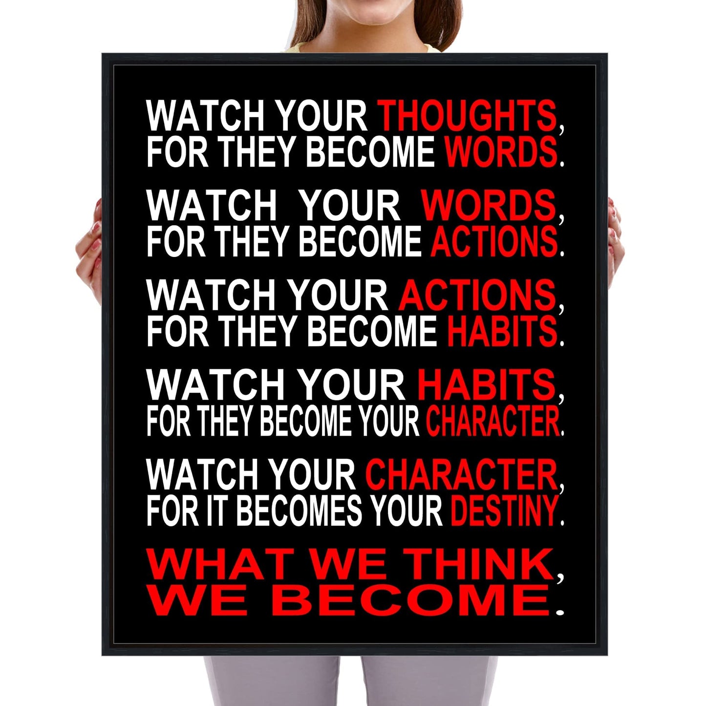 Pyradecor Black Framed Canvas Wall Art Watch Your Thoughts Motivational Classroom Poster Canvas Prints for Office Living Room Home Decorations