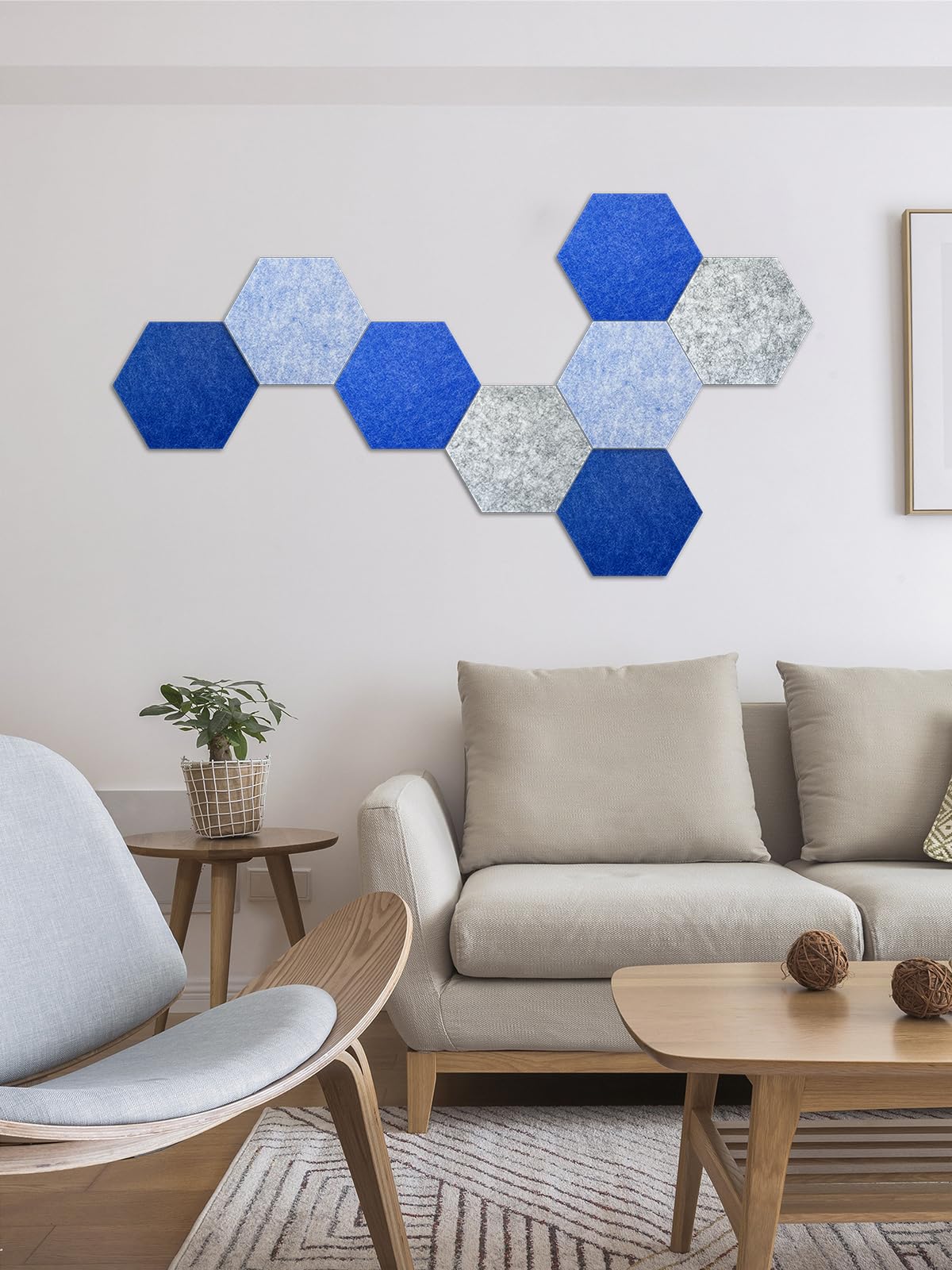 Hexagon Felt Bulletin Board Tiles, 8 Pcs, 8.7 x 7.5 inches, with 20 Pushpins, for Easy Display of Photos Pictures Memos Notices, Felt Wall Tiles for Office Home Classroom (Blue)