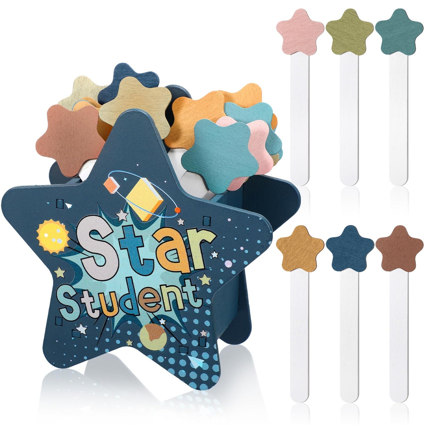 Motipuns 121pcs Back to School Star Flip Name Sticks with Storage Cup for Classroom Wood Talking Flip Name Sticks Bulk Teacher Student Grouping for Educational and Learning Classroom Supplies