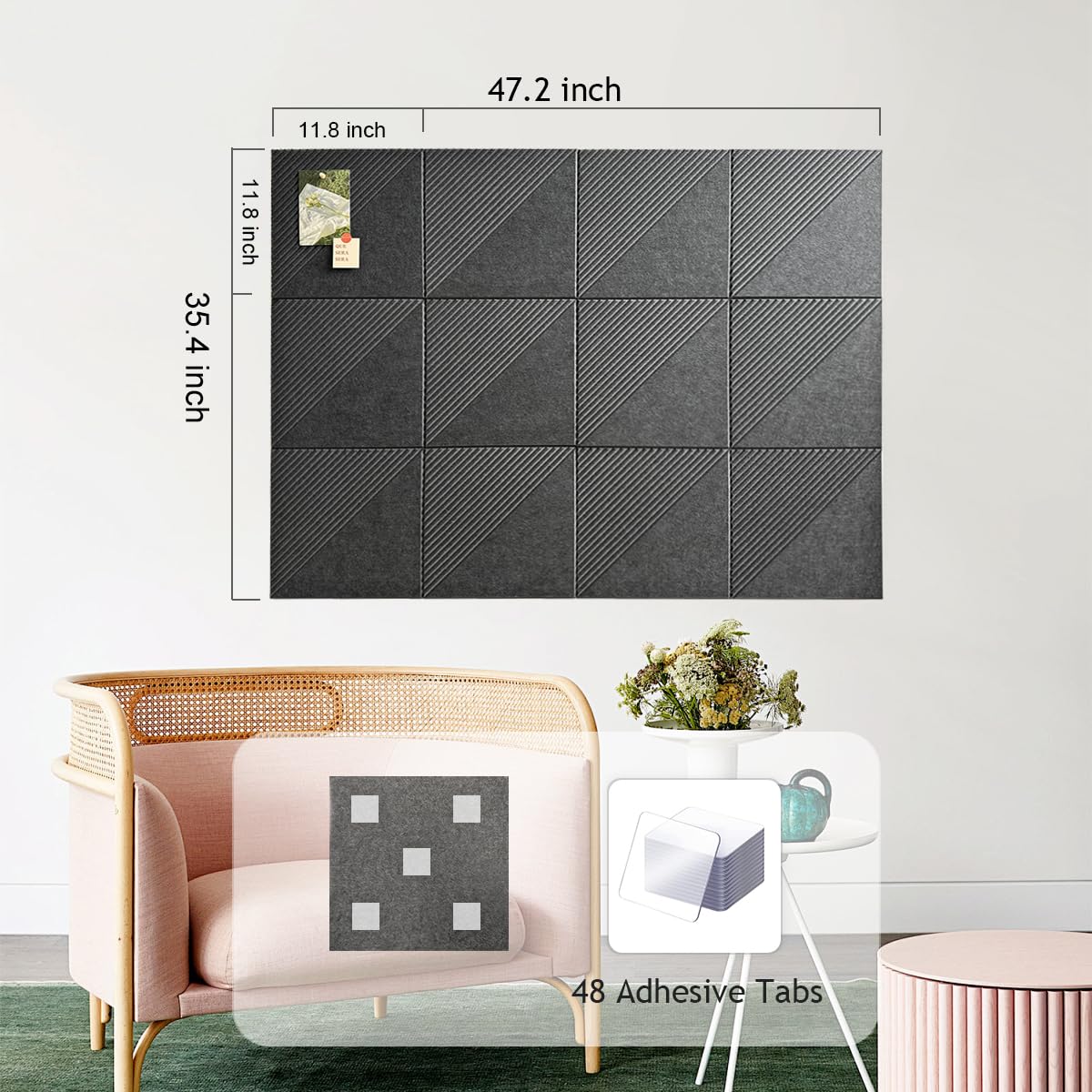 Large Cork Board for Walls 48"x 36", 12 Pack Felt Wall Tiles with Safe Removable Adhesive Tabs, Cork Board for Office,Pinboard Bulletin Board - Dark Grey
