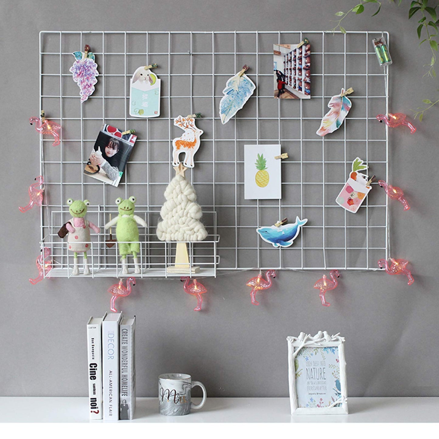 GBYAN 2 Pack Large Wall Grid Panels with Light and Clips, Photo Display Board, Picture Frame Collage Board, Wire Grid Wall Panel Room Decoration,White