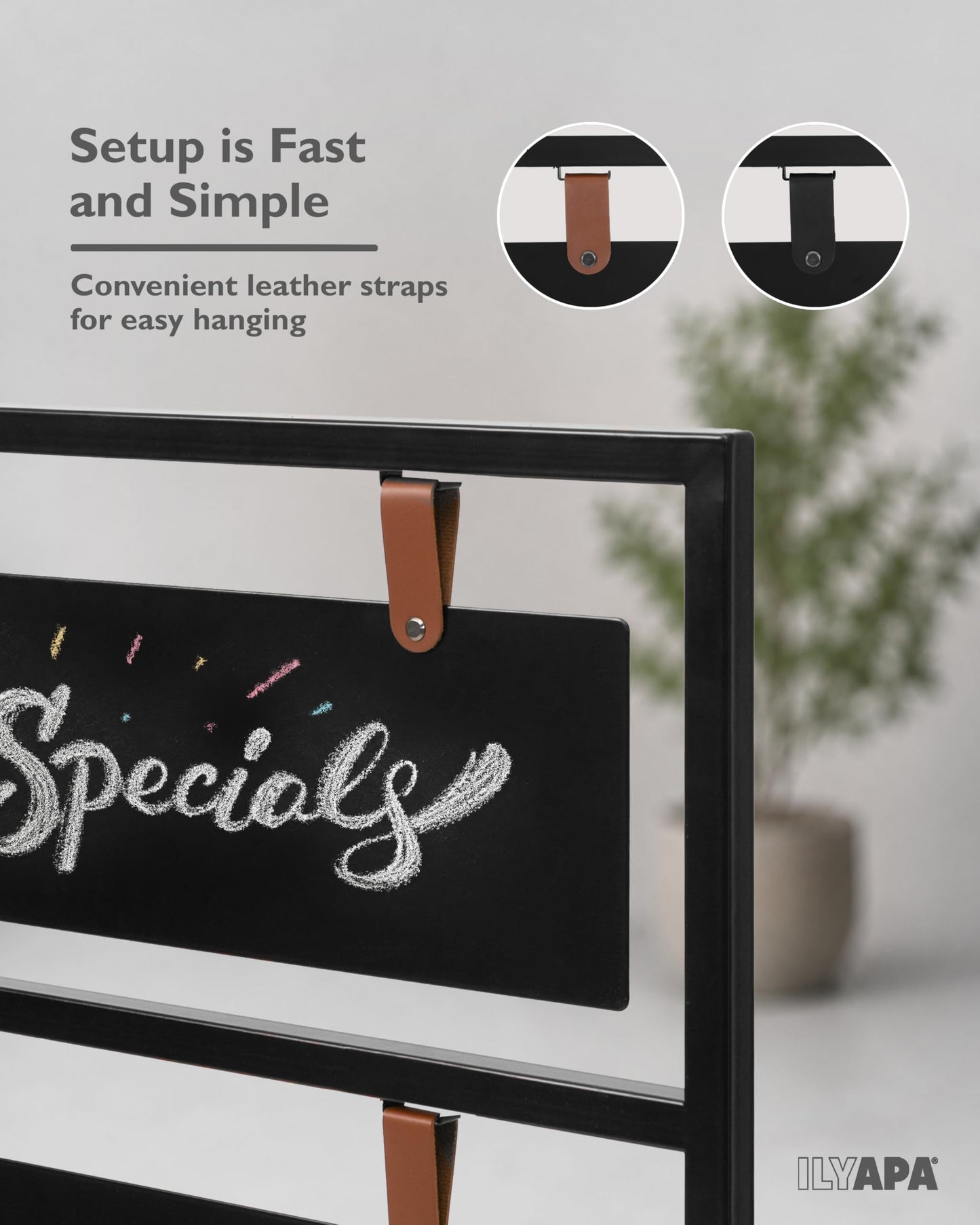 Ilyapa Metal Double Sided 24x42 Swinging Chalkboard Sign Bundle with Erasable 4-Pack White Liquid Chalk Markers - Magnetic A-Frame Sidewalk Menu Board for Restaurants & Businesses