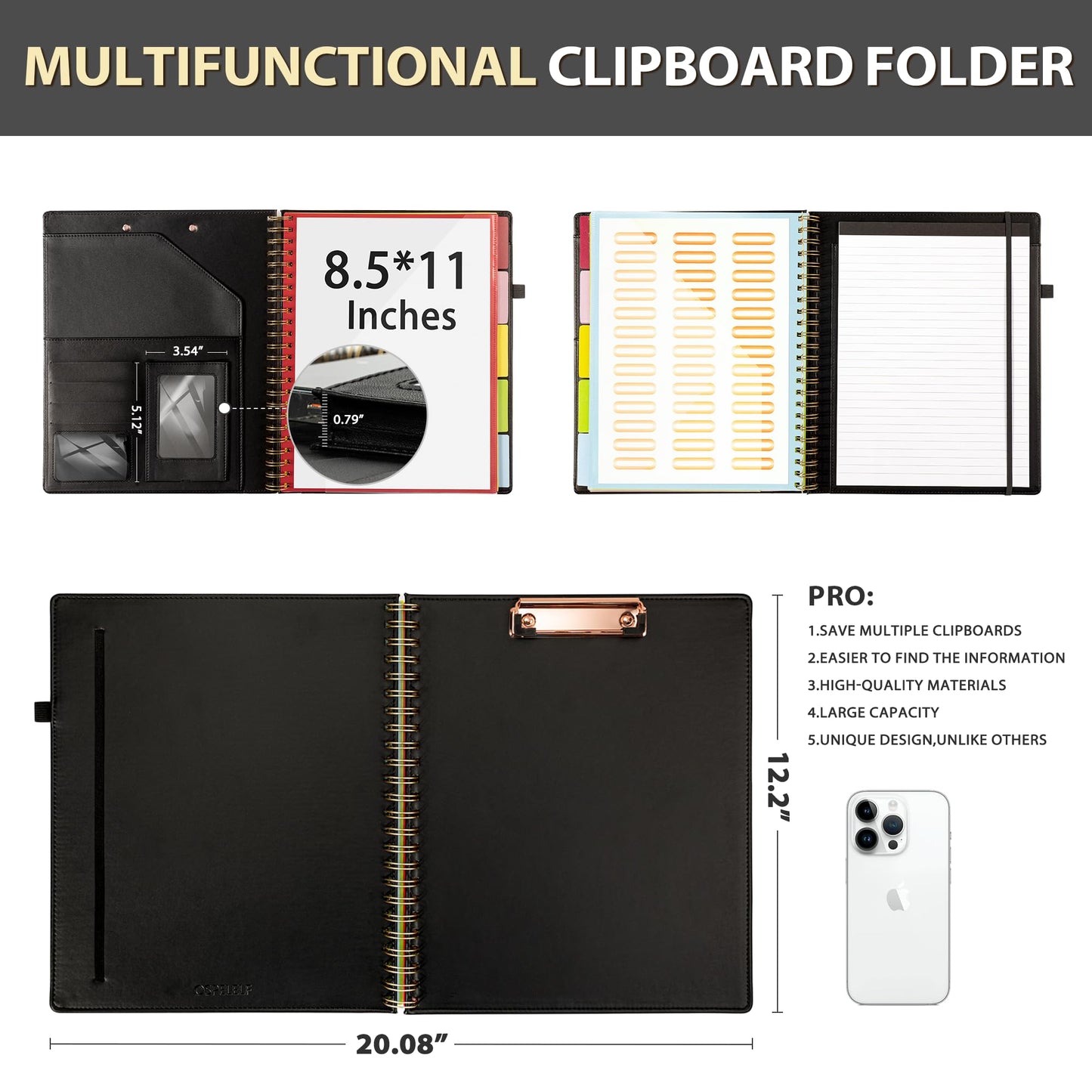 Ospelelf Clipboard with Storage for Men Women, Leather Padfolio Portfolio Organizer 5 Folders with 10 Pockets, Spiral Clipboard Folio with Notepad for Letter Size, Elastic Closure and Pen Loop Black