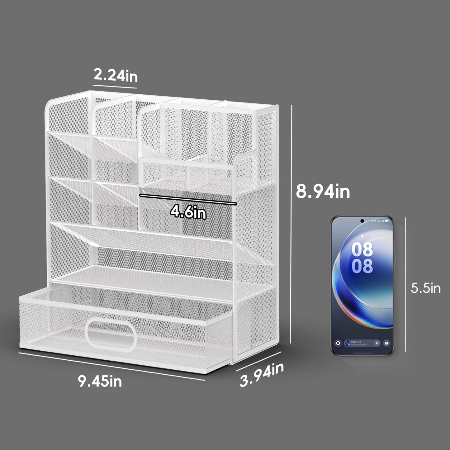 ReePlan Mesh Pen Organizer for Desk, Multi-Functional Pencil Holder with Drawer Desk Organizers, Large Capacity Storage for School Office Home Supplies (White)