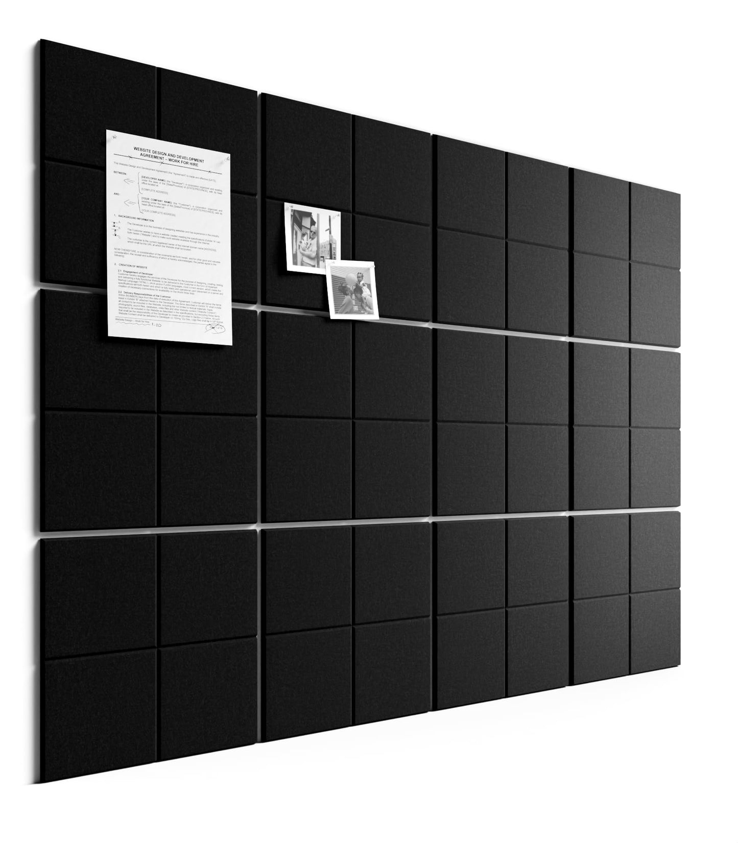 Bumusty Large Felt Bulletin Board, 48" x 36" Cork Board Alternative, 12-Pack Wall Tiles with 4-Compartment Design, 30 Push Pins, 70 Adhesive Tabs, Ideal for Office & Home Decor, Black