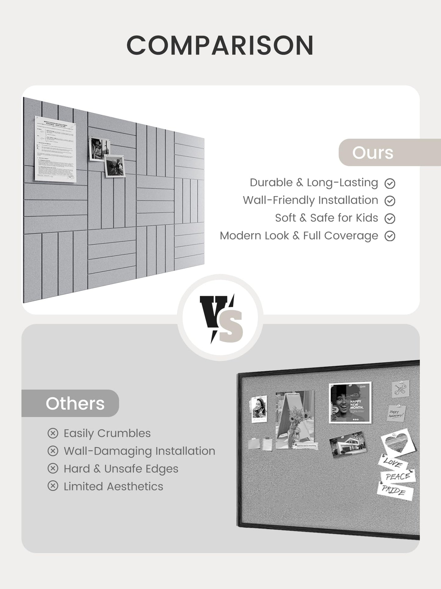 Bumusty Large Cork Board Alternative-48 x 36" Felt Bulletin Board Tiles, with 30 Pushpins, 70 Adhesive Tabs, Bold-Stripe 12-Pack, Cork Boards for Office Push Pin Board Felt Board-Soft Gray