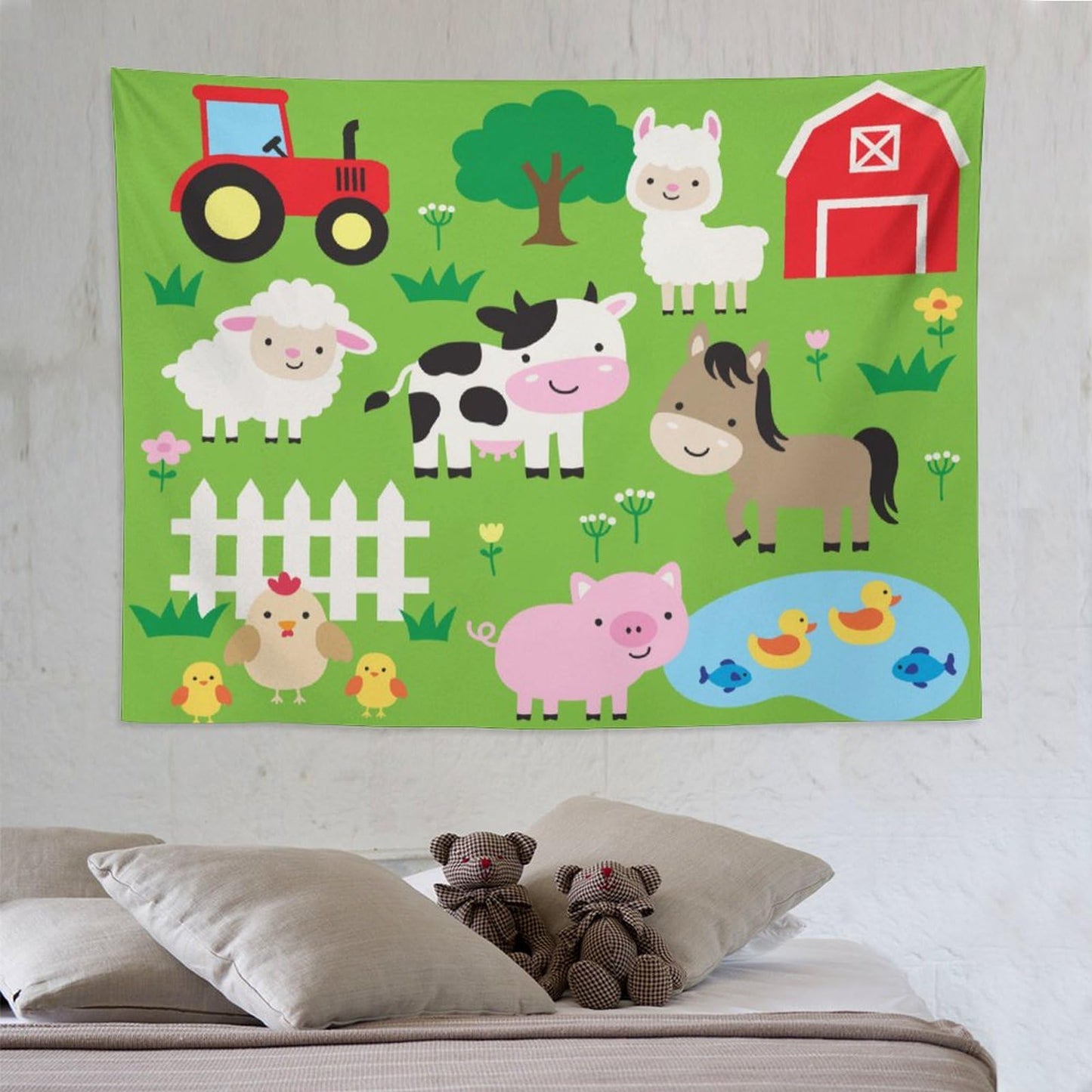 DDCBNS Cute Animal Tapestry, Cartoon Farm Animal Wall Hanging for Baby Kids' Rooms, Green Color, 80" x 60"