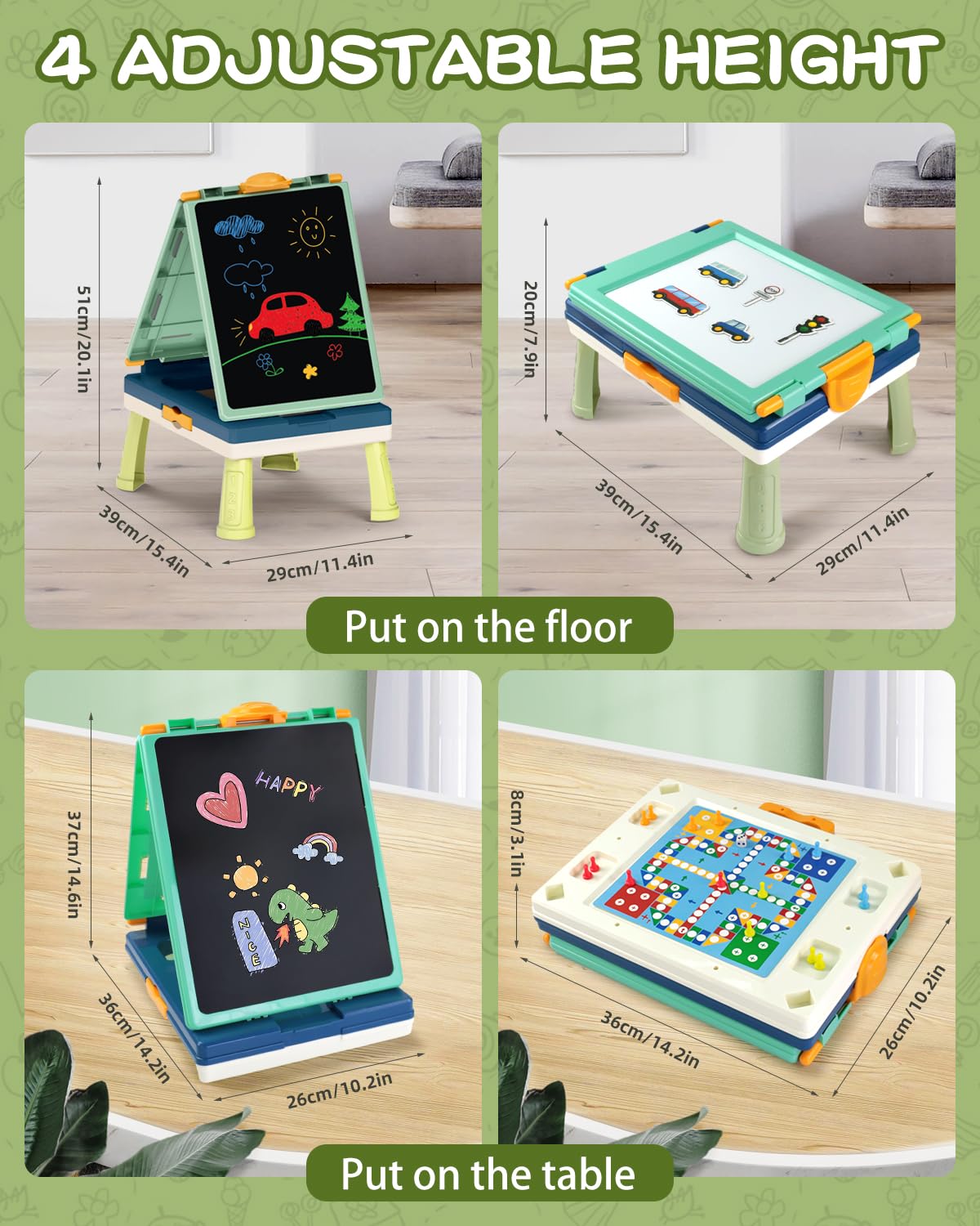 Elovien Easel for Kids,Tabletop Easel for Toddler, Foldable 4 in 1 Double Sided Kids Art Easel with Chalkboard & Magnetic Whiteboard,Portable Desktop Drawing Board - Gift for Boys and Girls (Green)