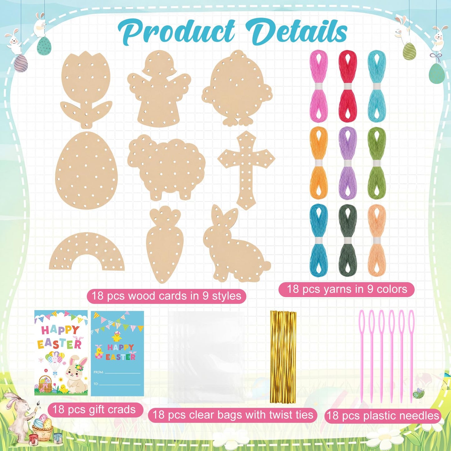 Capoda 18 Sets Easter Crafts for Kids Wooden Lacing Card Toys Easter Basket Stuffers Spring Basket Essentials with Colorful Threads for Girls Boys Spring Craft Activities Craft Kits Sewing