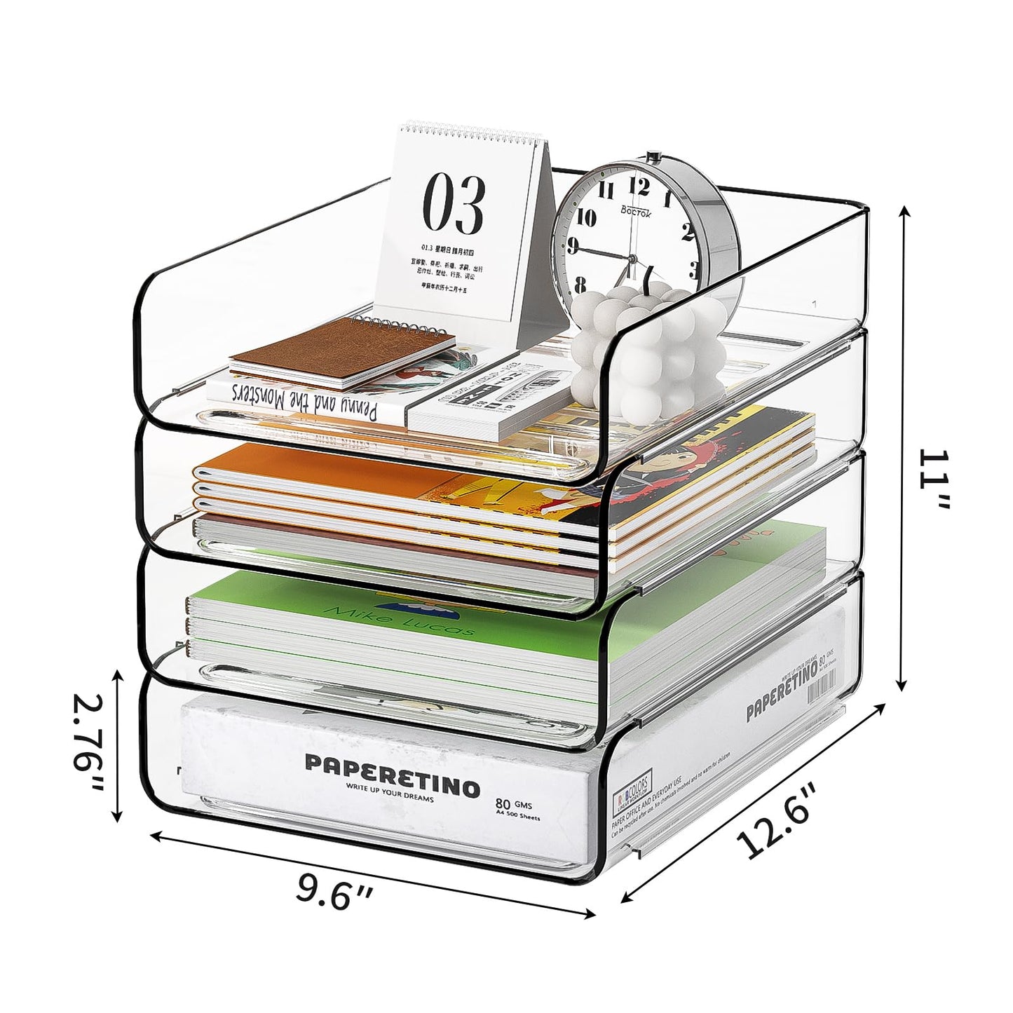 FANXIYQ 4-Tier Acrylic Paper Tray Organizer, Clear Stackable Desk File Organizer for Documents, Files, Letters, A4 Paper, Books, Notes, Mail & Paper Storage, Office Classroom Home