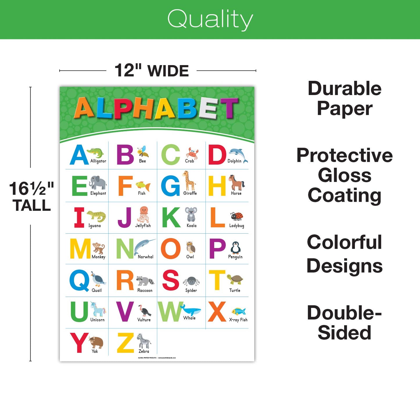 Global Printed Products, 20 Large Educational Posters For Kids (16.5x12 Double Sided English/Spanish) Alphabet Colors Letters Numbers Shapes Months Days Weather Time Animals Solar System Seasons Map