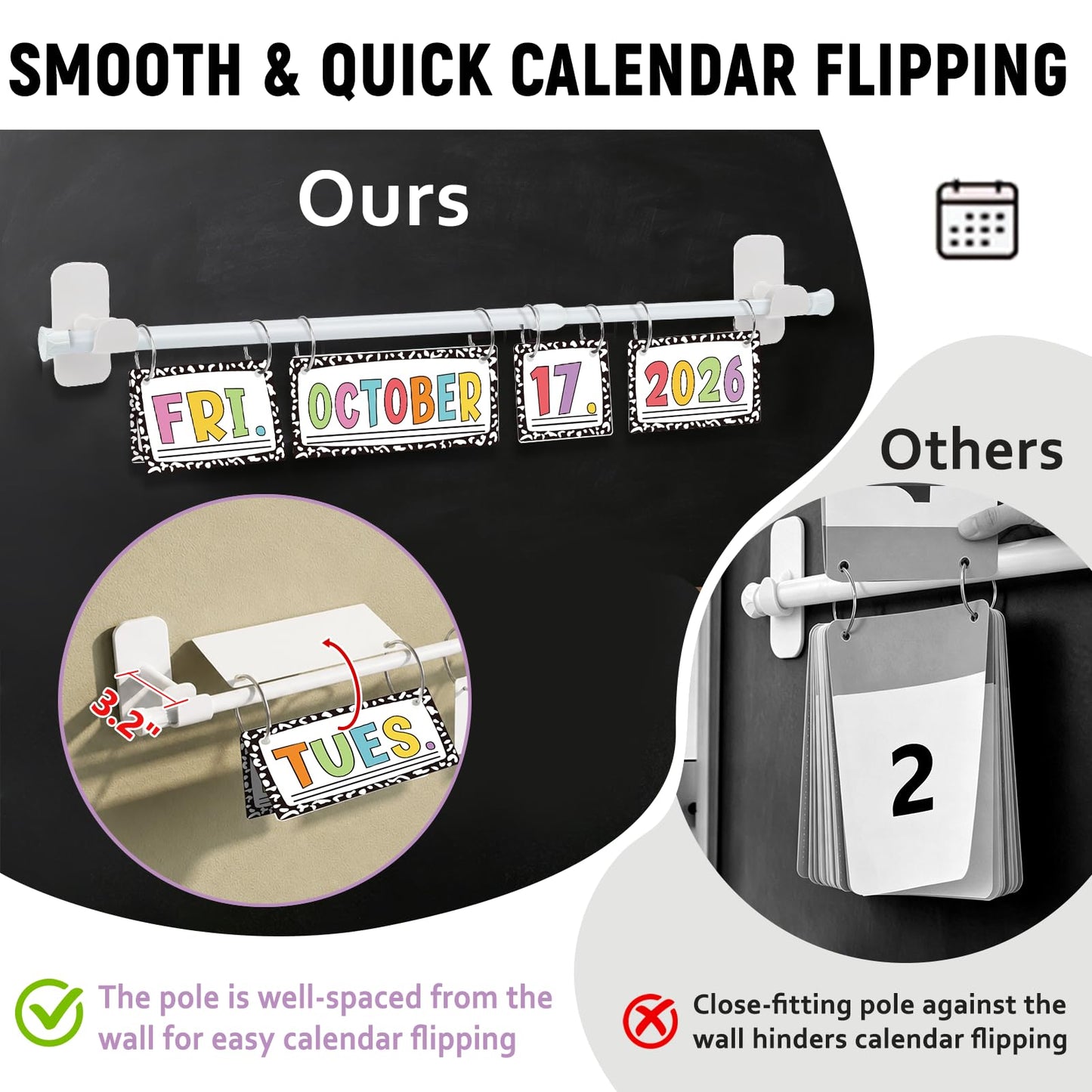 Upgraded 2-in-1 Flip Calendar for Classroom with Magnetic & Adhesive Fixing, Adjustable Magnetic Rod Flip Calendar for Whiteboard, Black and White Classroom Decor Bulletin Board Set (Speckled)