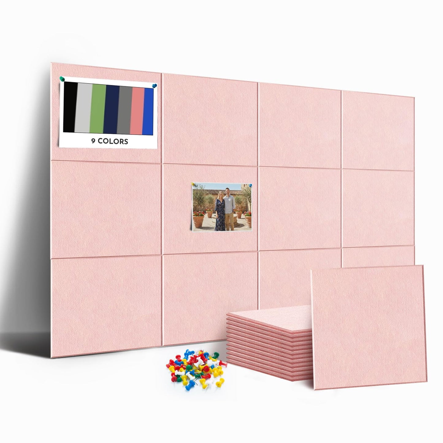 MISSDAY Pink Acoustic Wall Panel Felt Bulletin Board 48" x 36" Cork Board for Wall, 12-Pack Boards with 72 Removable Adhesive Tabs, 50 Pins, Pin Board for Home Office Classroom Soundproof Wall Tile