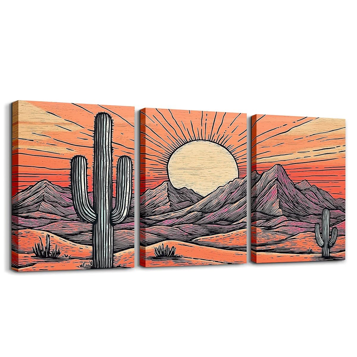 jejeloiu Cactus Canvas Wall Art for Living Room Bedroom 12"x16"x3pcs Boho Succulent Picture Wall Decor for Bathroom Western Mountain Sun Office Decorations Artwork Posters Nature Landscape Painting