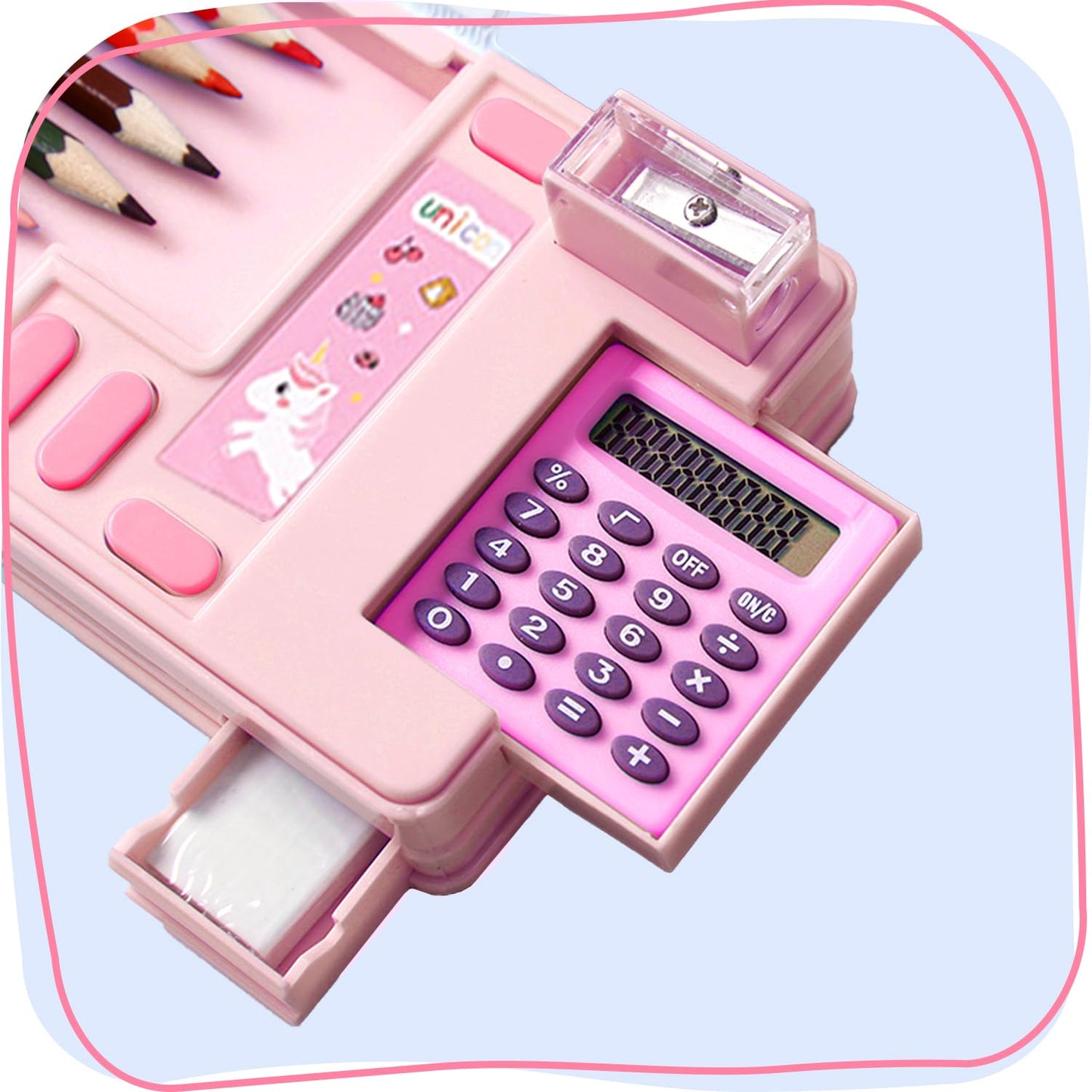 LilyBeauty Multifunction Pencil Case with Calculator, Pencil Sharpener and Curriculum, Multiple Cute Patterns, Suitable for Elementary School Girls, Boys, Great Gifts for Kids (Pink)