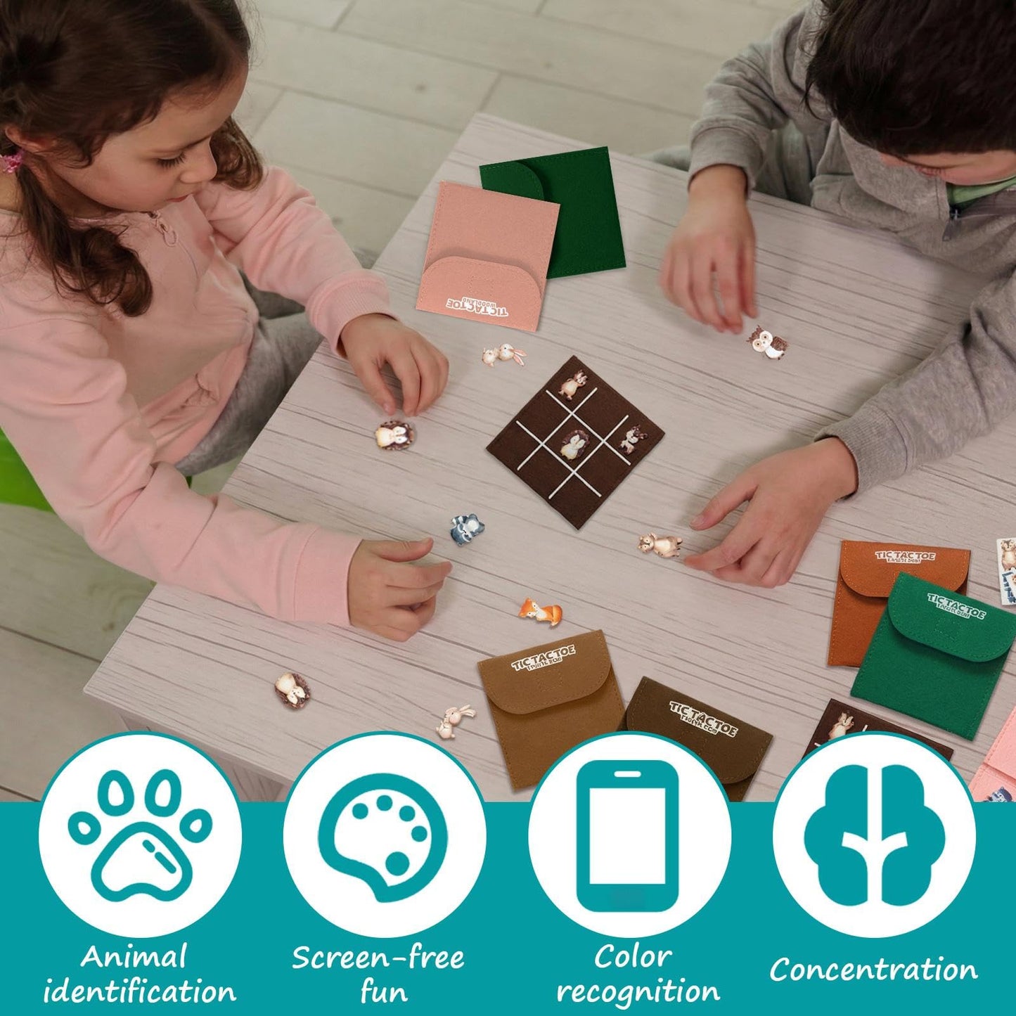 JolliLudo 24 Set Tic Tac Toe Game Pack Woodland Animals Jungle Party Favors Felt Safari Goodie Bags Stuffers Baby Educational Toys Board Game with Envelopes for End of Year Students Classroom Prizes