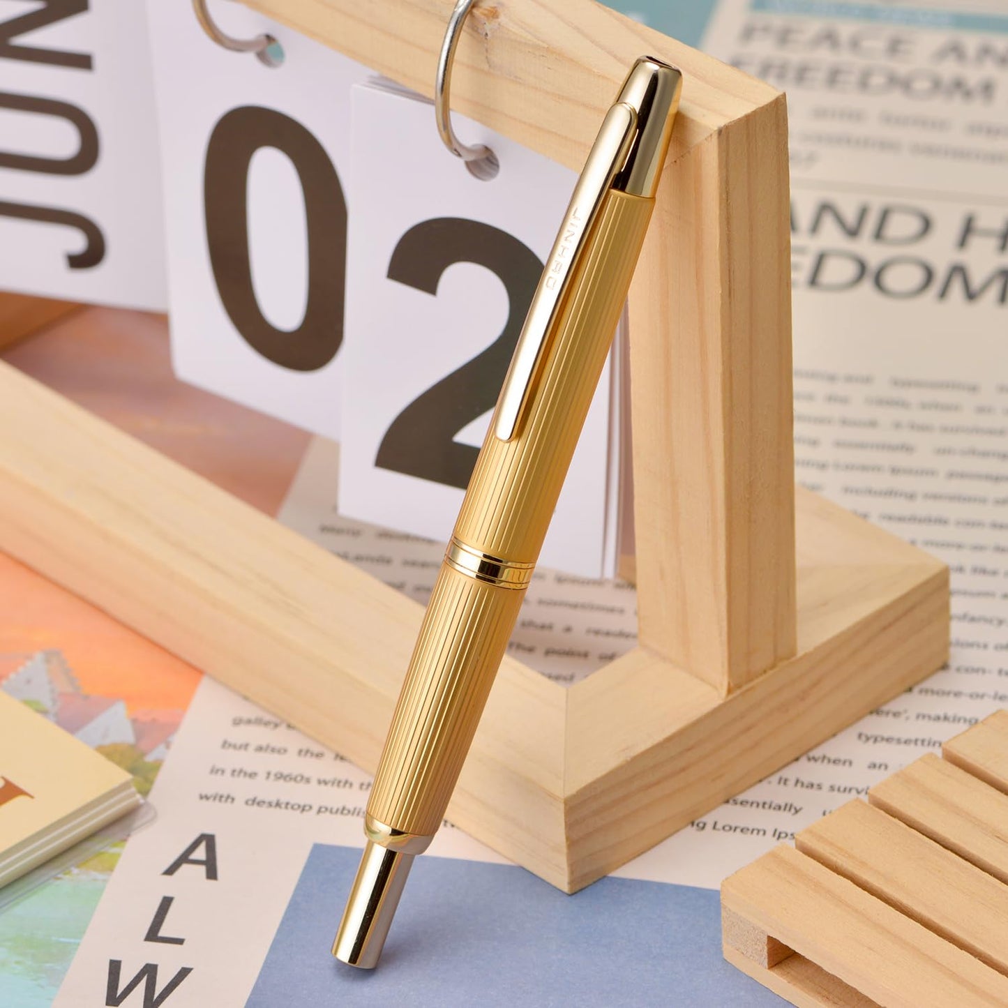 Jinhao 10 Press Fountain Pen with Box, Brushed Matt Gold Retractable Extra Fine Nib with Ink Converter Set (Golden Clip)