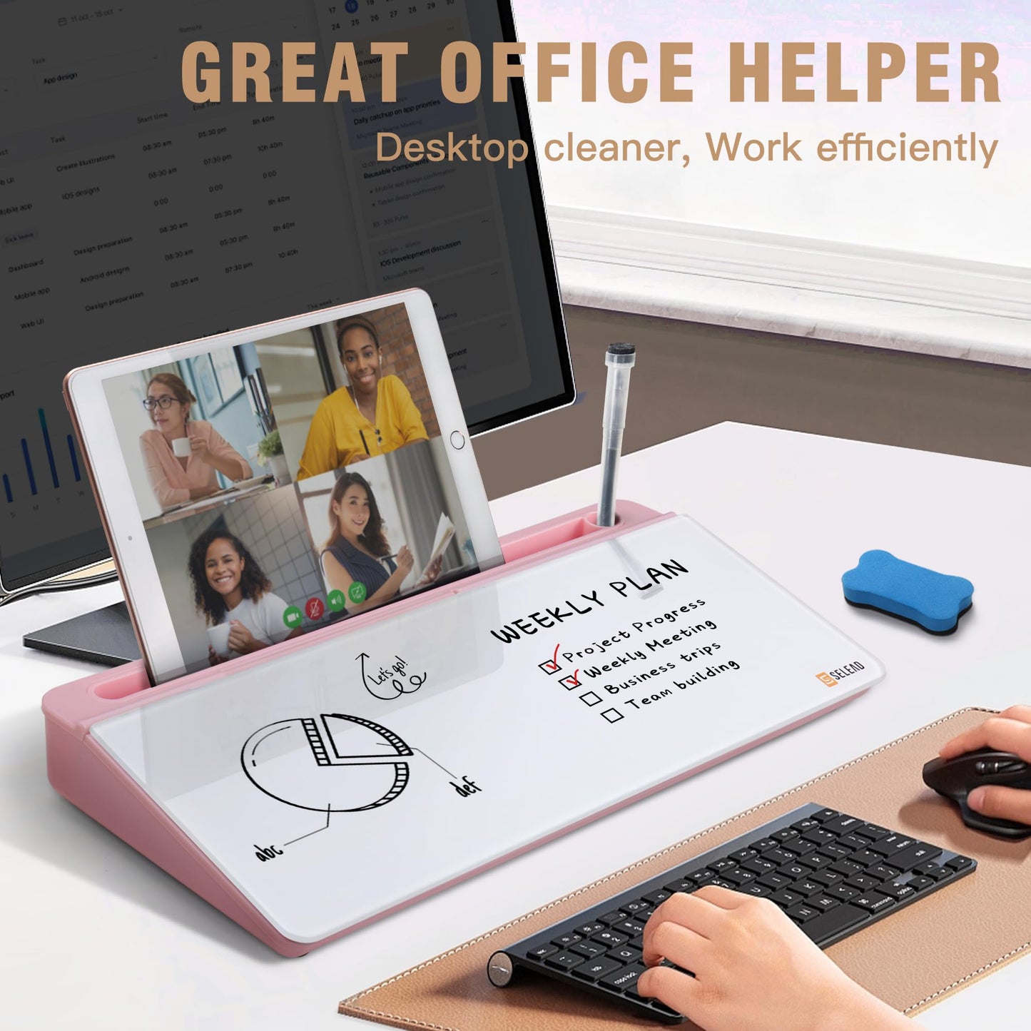 SELEAD Desktop Glass Whiteboard with Organizer & Built-in Mirror - Small Dry Erase White Board Computer Pad Keyboard Stand with Markers, Eraser, Holder for Women - Pink