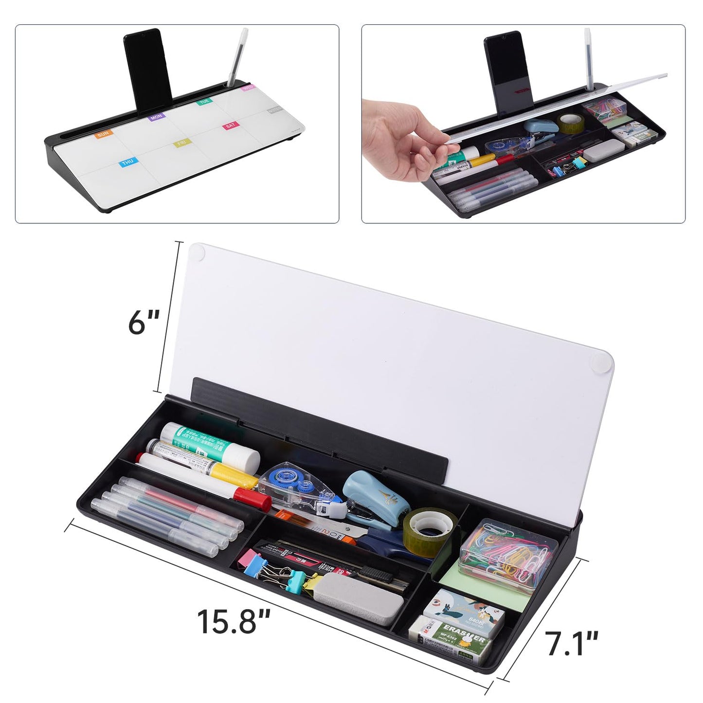 TSJ OFFICE Whiteboard Weekly Dry-Erase-Board - Desktop White Board Calendar Desk Organizers with Accessories Computer Keyboard Stand with Drawer, for Office, Home, School Supplies - Black Calendar