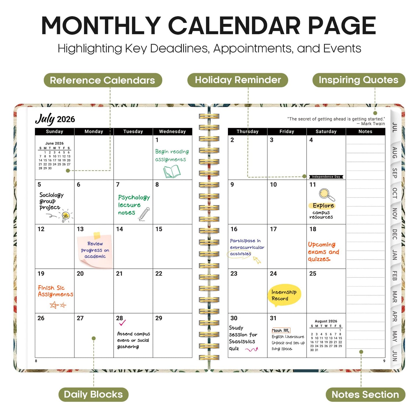 Planner 2026-2027, Academic Year Weekly and Monthly Calender Planner, from Jul 2026 - Jun 2027, Spiral Bound School Planning Book, Perfect for Teacher, Student, Women & Men, A4 (8.5" x 11"), Herbs