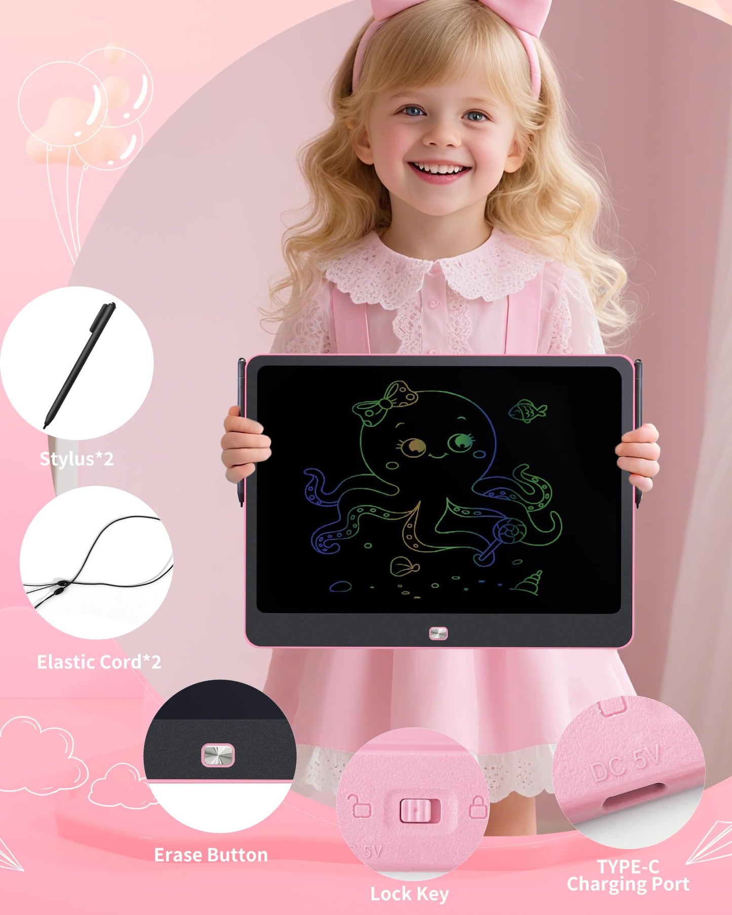Rechargeable LCD Writing Tablet for Kids, 16 Inch Colorful Drawing Tablet, Educational Toddler Drawing Pad, Reusable Learning Toys for Kids (Ages 3-12), Ideal Gift for Christmas Birthday (Pink)