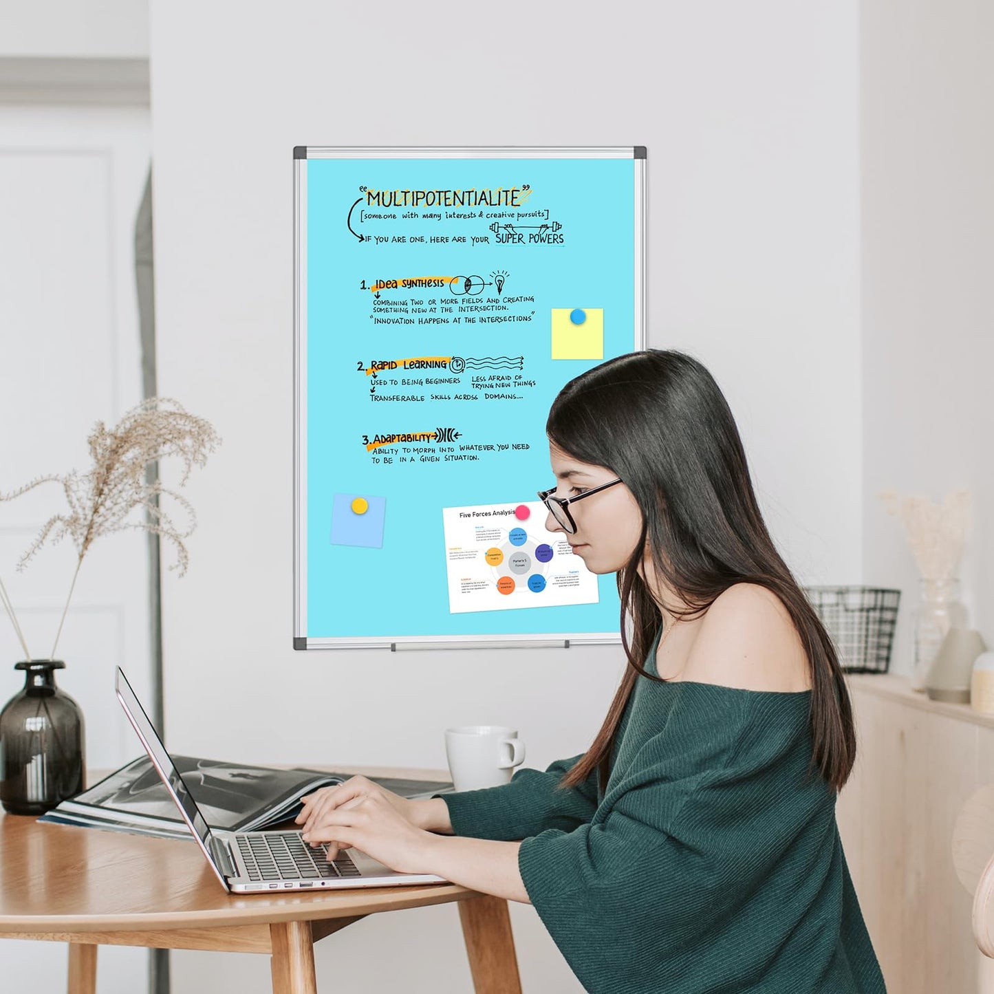 WALGLASS Magnetic Whiteboard 24"x18" Dry Erase White Board for Walls with Pen Tray, Aluminium Frame and Dry-Wipe Writing Surface for School, Home, and Office (Blue)