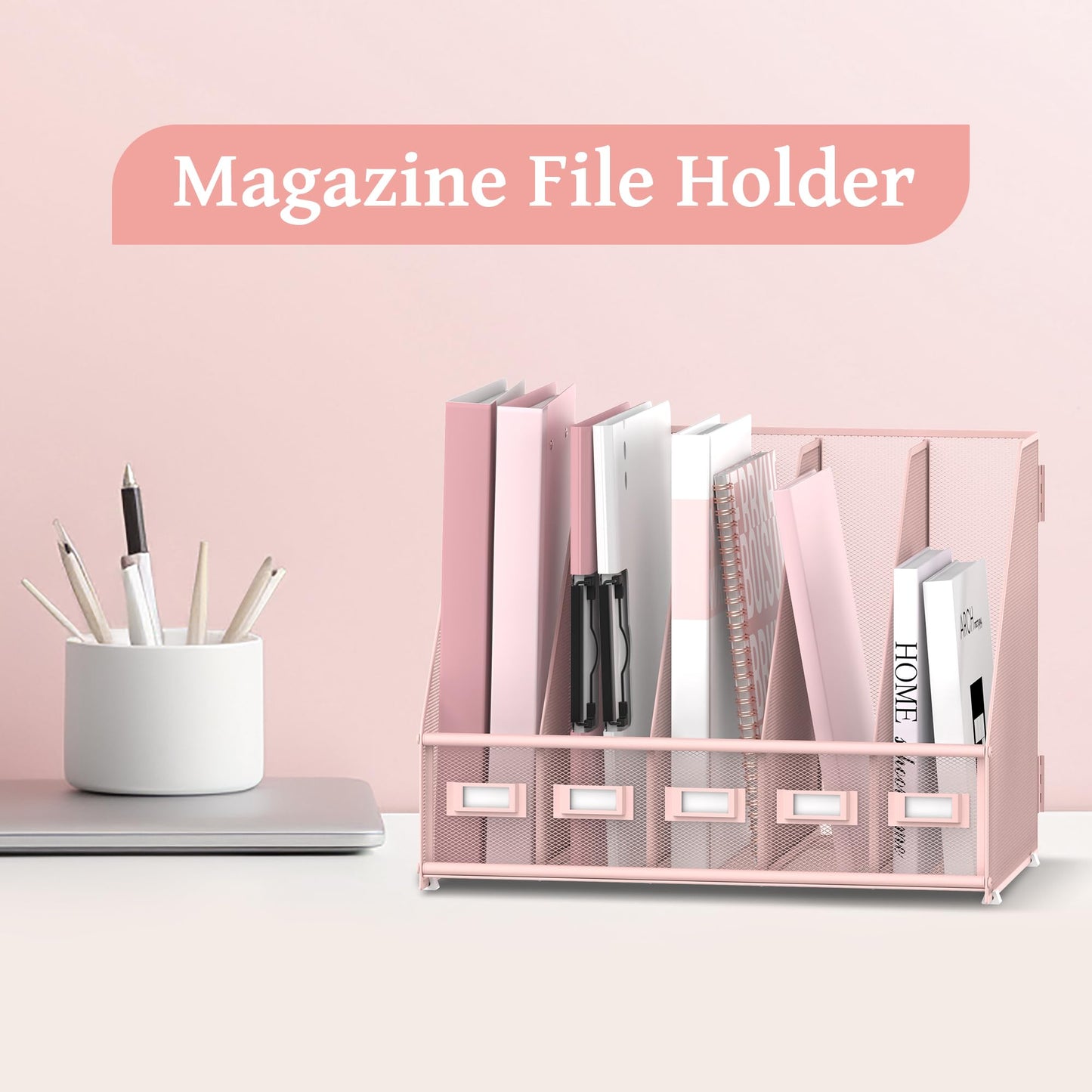 SUPEASY Desk Organizers Metal Desk Magazine File Holder with 5 Vertical Compartments Rack File Organizer for Office Desktop, Classroom, Home Workspace, Pink