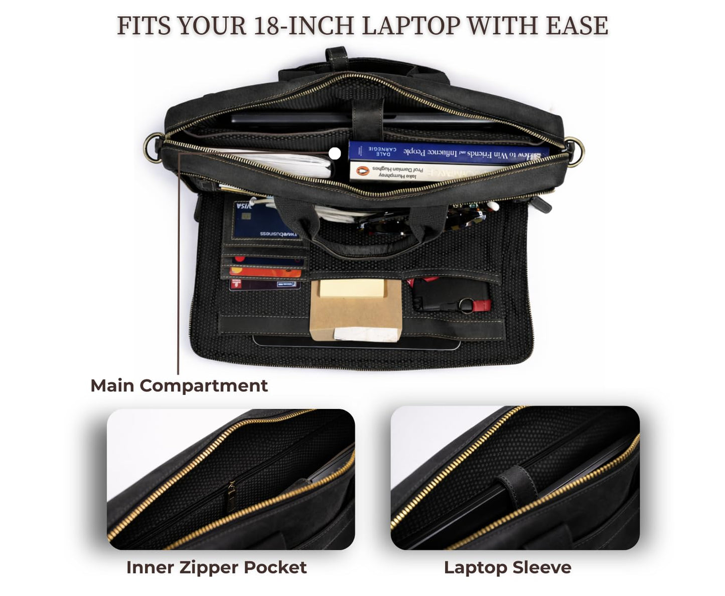NomadCraftsCo. Black Leather Messenger Bag for Men, Genuine Leather Briefcase, 18 Inch Work Satchel for Office, Travel, and Business Use