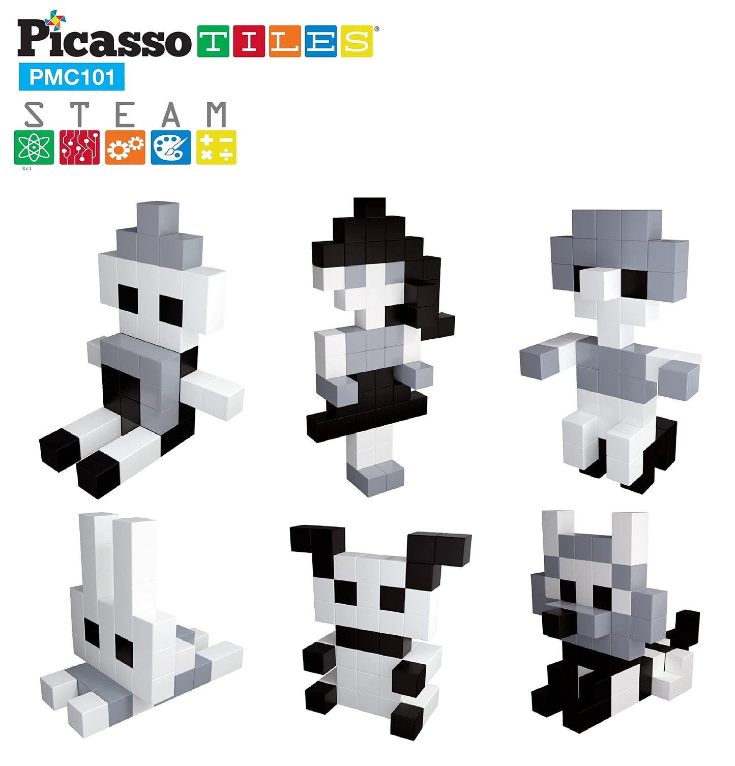 PicassoTiles 101pc Magnetic Puzzle Cube Set Black and White 1 Inch Construction Blocks STEM Educational Toy for Kids Age 3 Plus Sensory Learning Kit with Idea Book for Building and Creativity PMC101