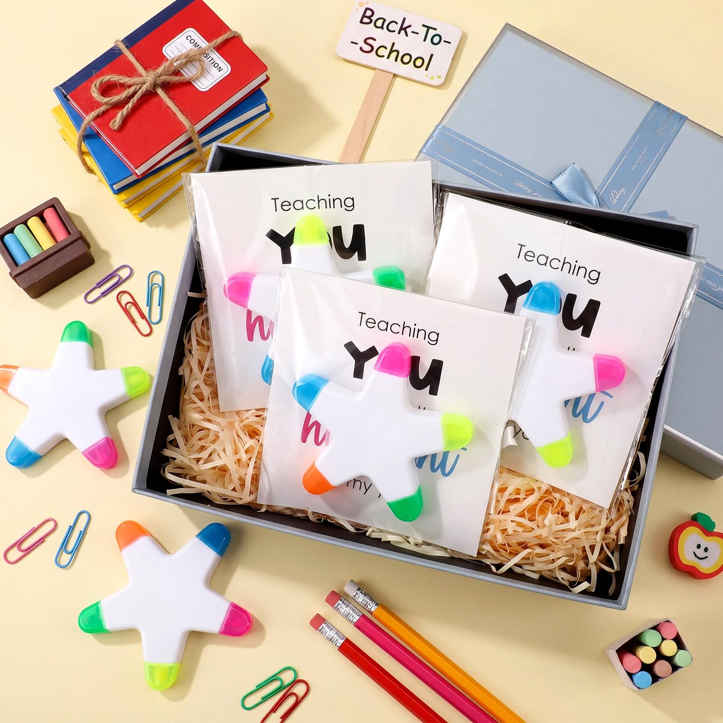 Resurhang 24 Set Back to School Gift for Student 5-in-1 Star Multicolor Highlighters with Encouragement Card Clear Gift Bag Star Pen Bulk for First Day of School Party Favor Classroom Testing Rewards