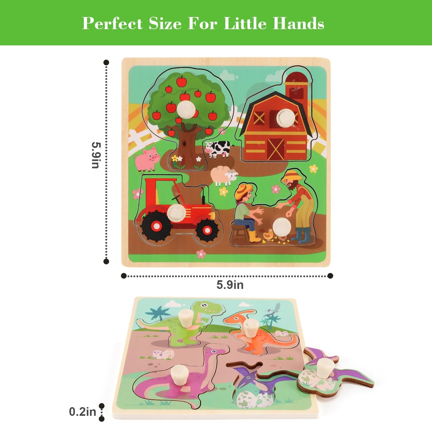 Wooden Peg Puzzles for Toddlers 1-3, Kids' Educational Preschool Peg Puzzle Toy, Set of 4 Toddler Puzzles - Farm, Dinosaur, Fruit and Marine Animals, Ideal Gift for Ages 1 2 3 Boys and Girls