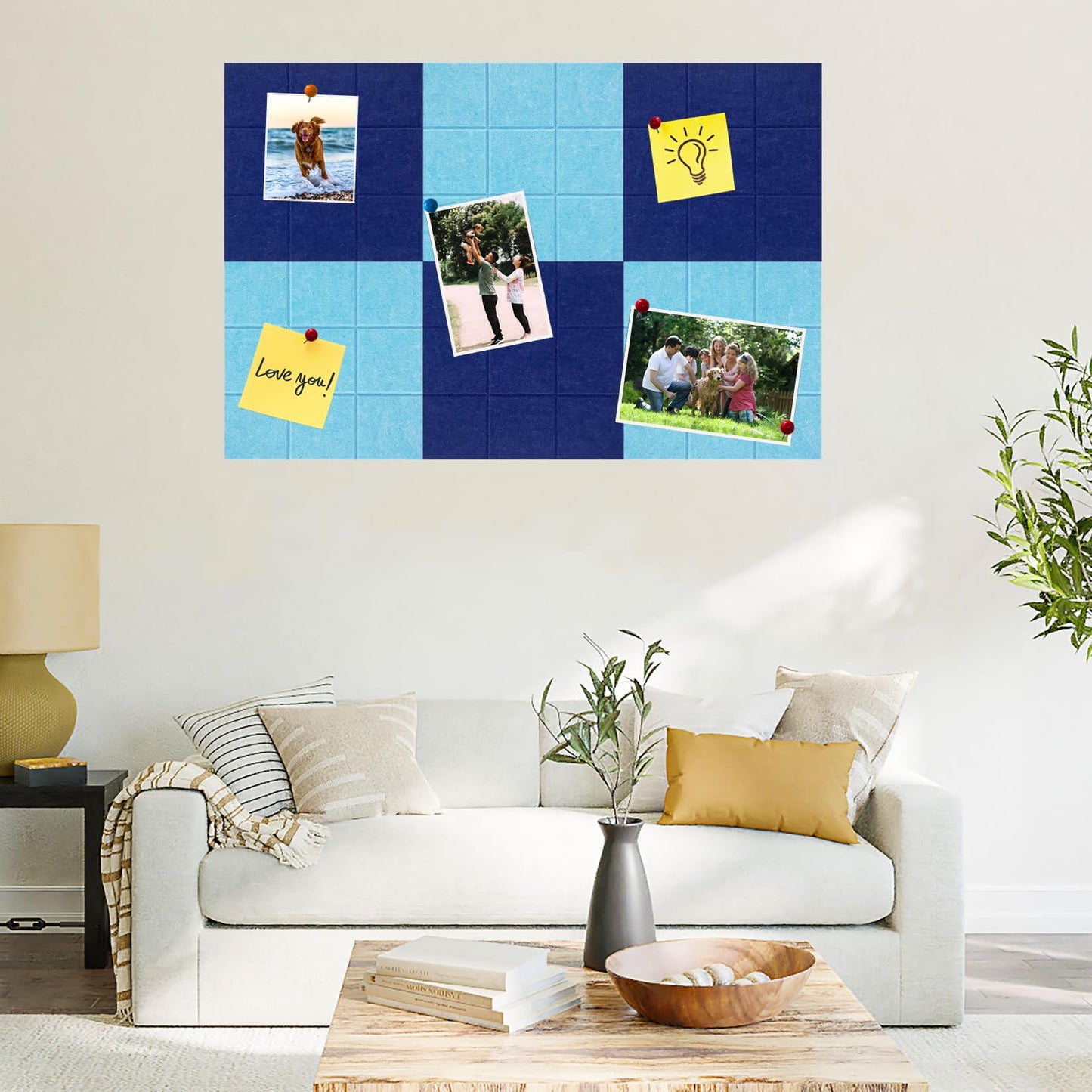 HULAVO Large Square Felt Cork Board Tiles, Self Adhesive DIY Felt Bulletin Board with 35 Pushpins for Office School Home Wall Decor Stickers Memos (Dark Blue & Sky Blue)