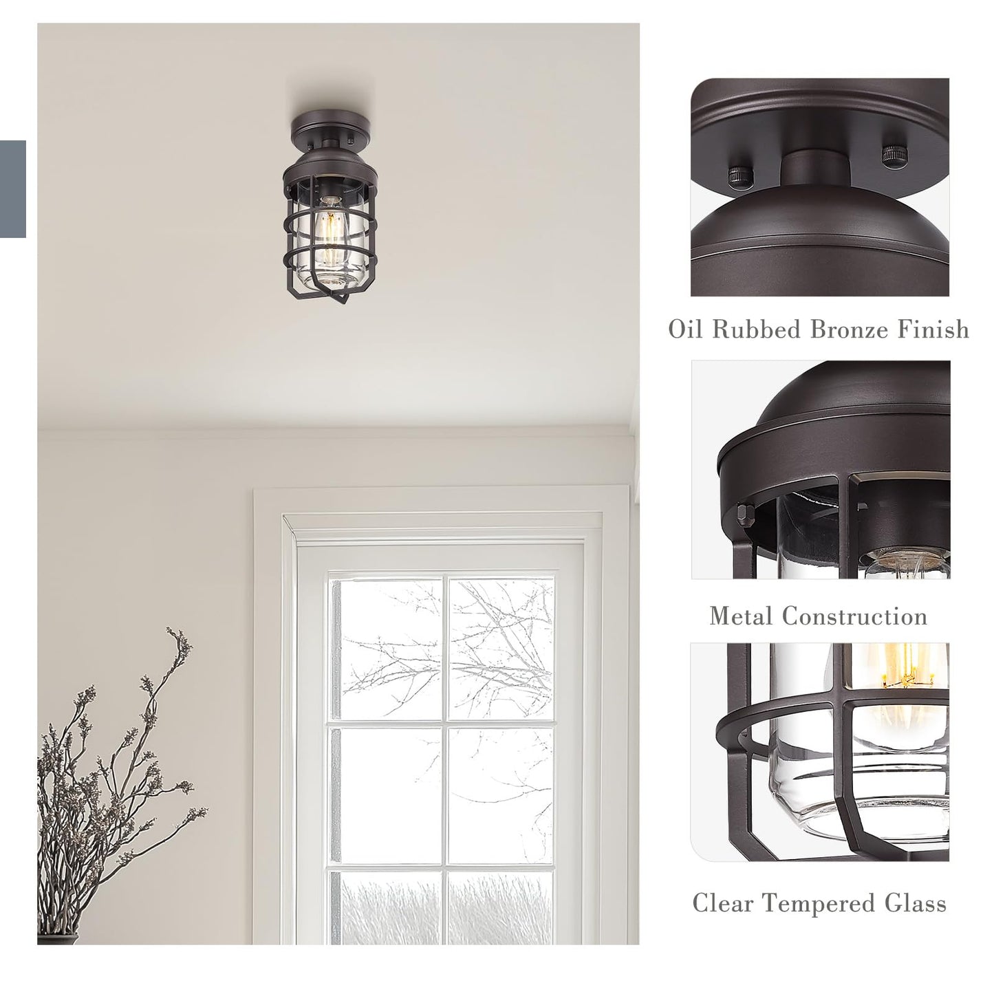 Emliviar Semi Flush Light Fixture, 11.1in, Oil Rubbed Bronze, Clear Tempered Glass Shade, Model GE255LF ORB, Medium - 1 Pack