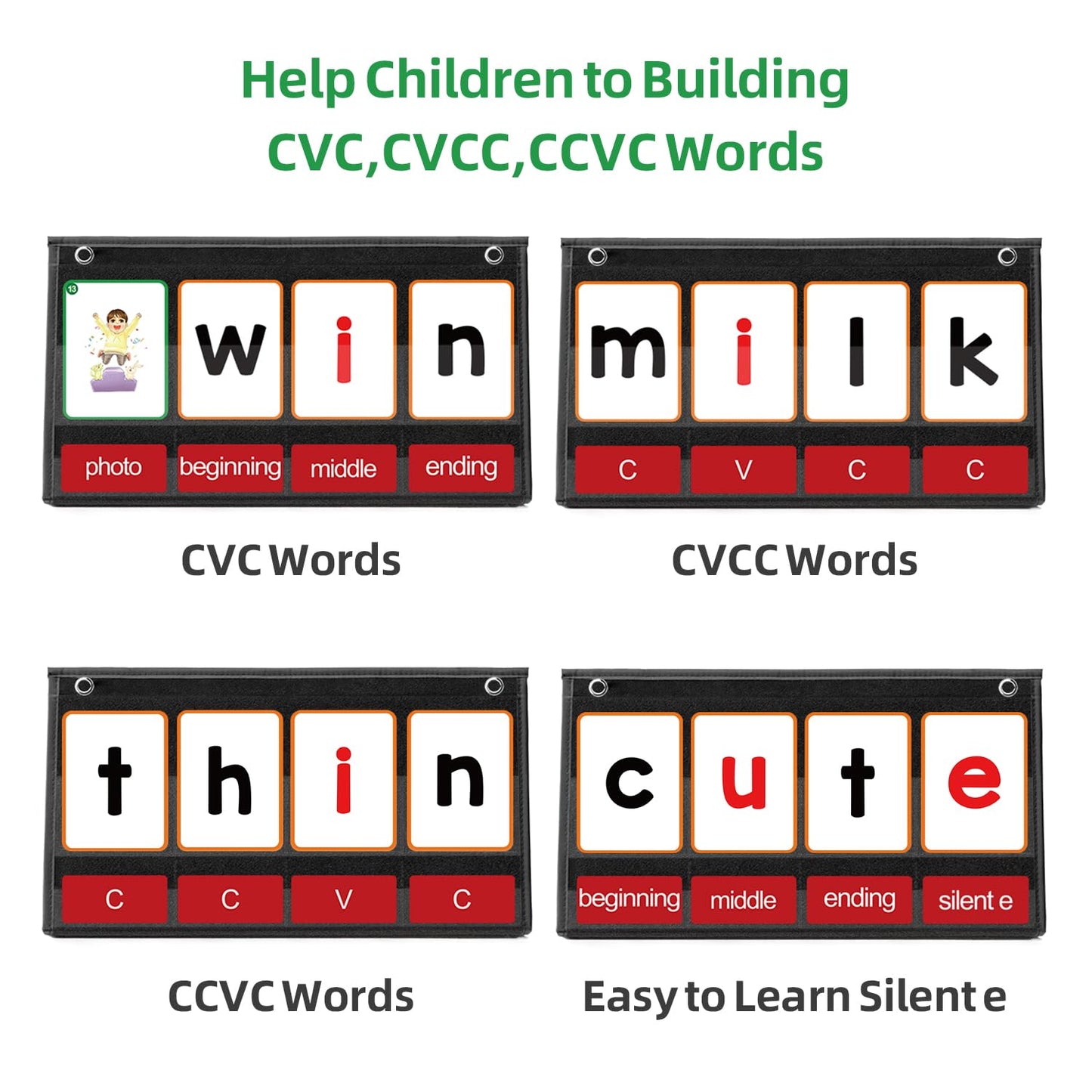 ANSTROUT CVC Word Builder Desktop Pocket Chart with 107 Phonics Flash Cards, Kids Word Builder Games for Learn to Read CVC CVCC CCVC Words, Phonics Learning Tool for Preschool Kindergarten Classroom.