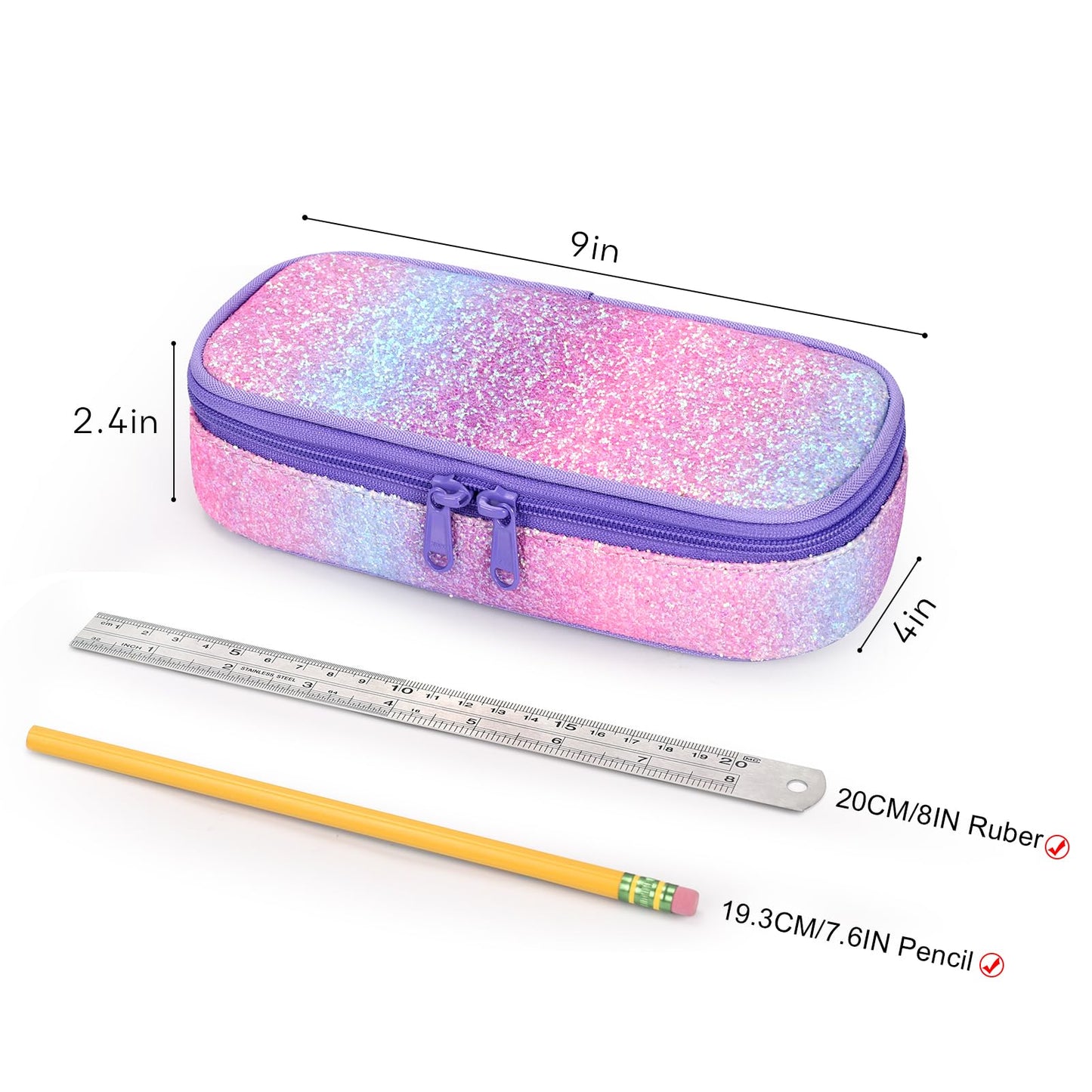 mibasies Girls Pencil Case for Kids, Multi-Slot Pencil Pouch, Pink Purple Rainbow