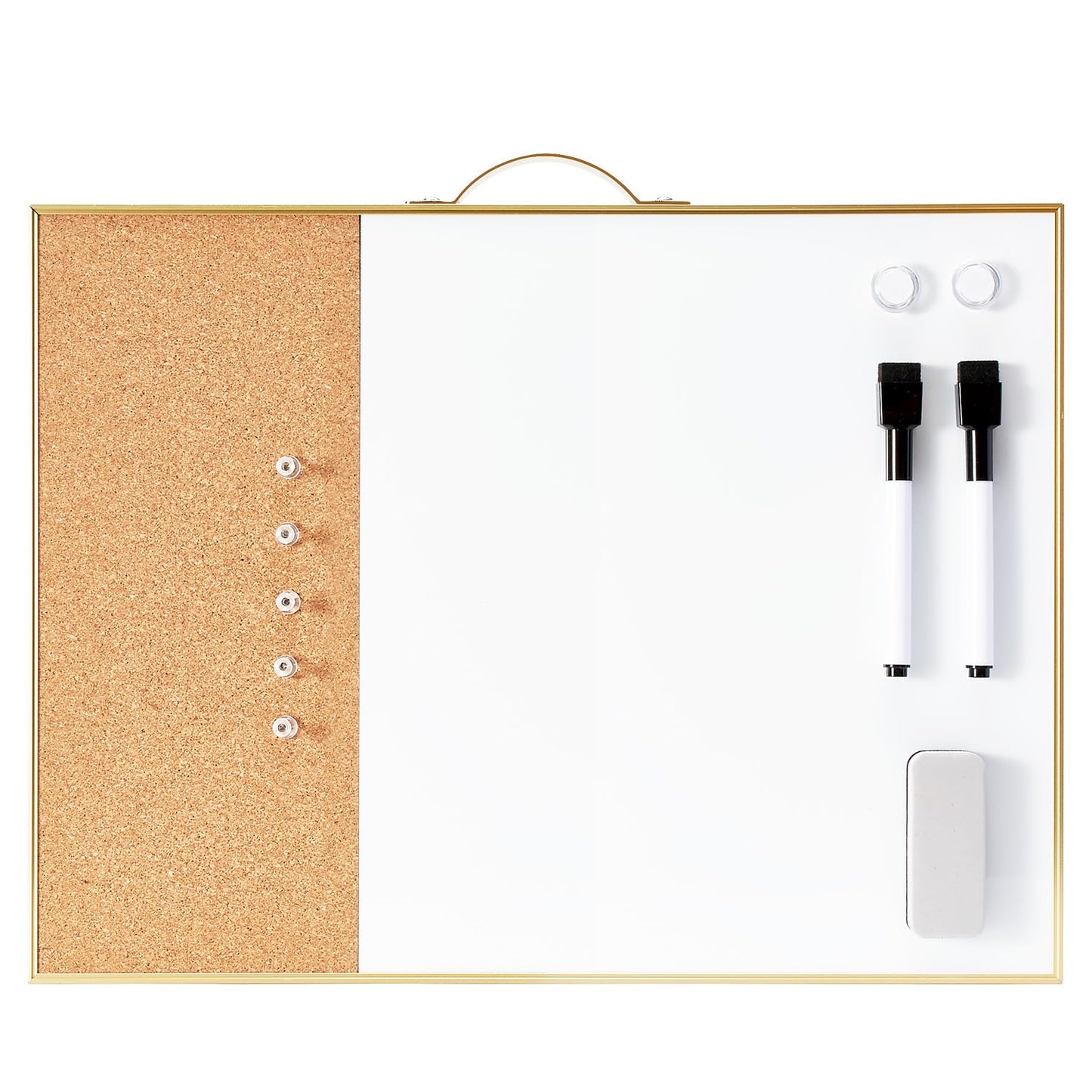 Small Cork Board Whiteboard Combo - 12" X 16" Portable Aluminum Gold Framed Magnetic Dry Erase Board for Wall, Mini Bulletin CorkBoard with a Handle for Office, Home and School