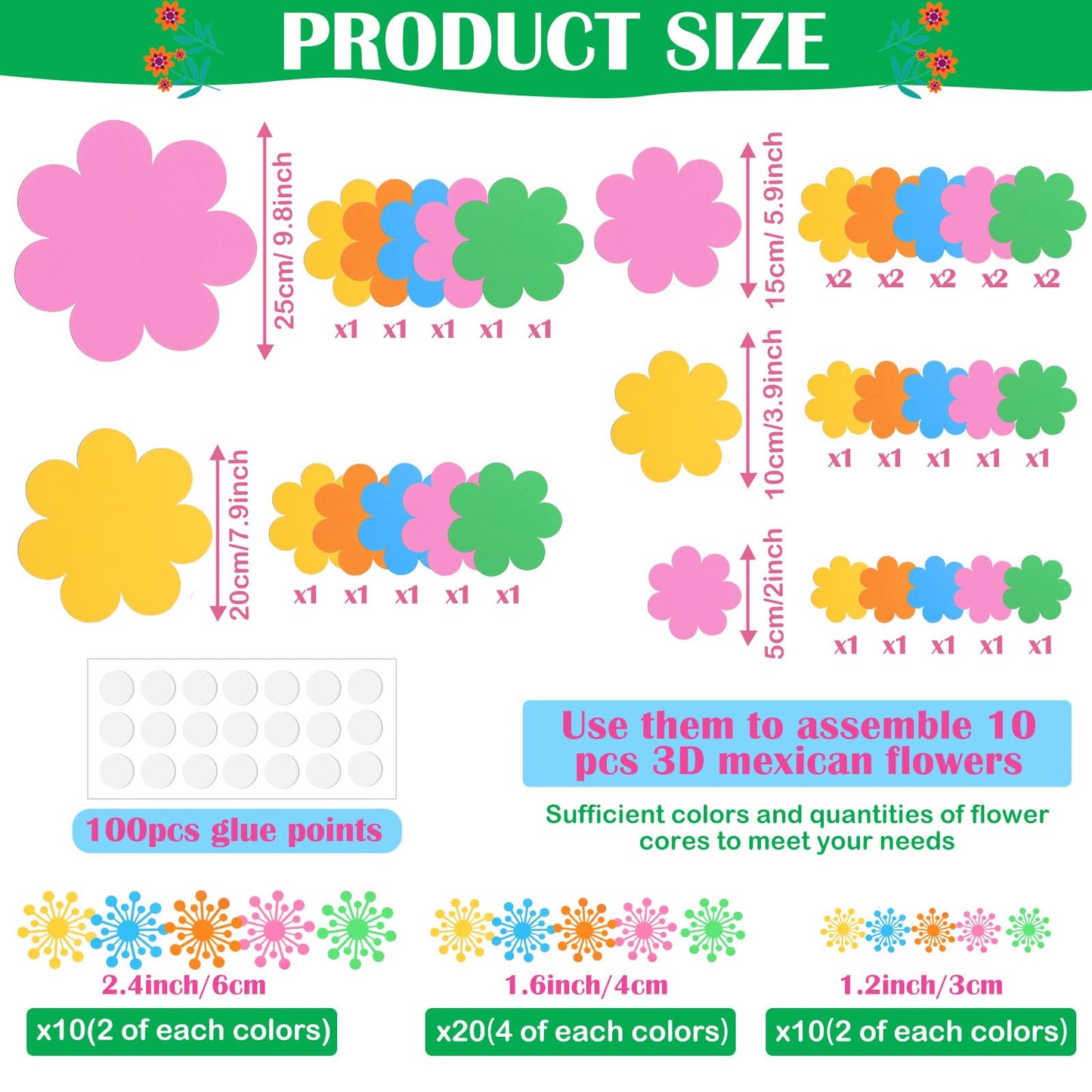 Mooliwe Paper Flowers Decorations for Wall DIY 3D Paper Bulletin Board Mexican Flowers Backdrop Decoration for Classroom Back to School Holiday Party(Bright,10 Set)