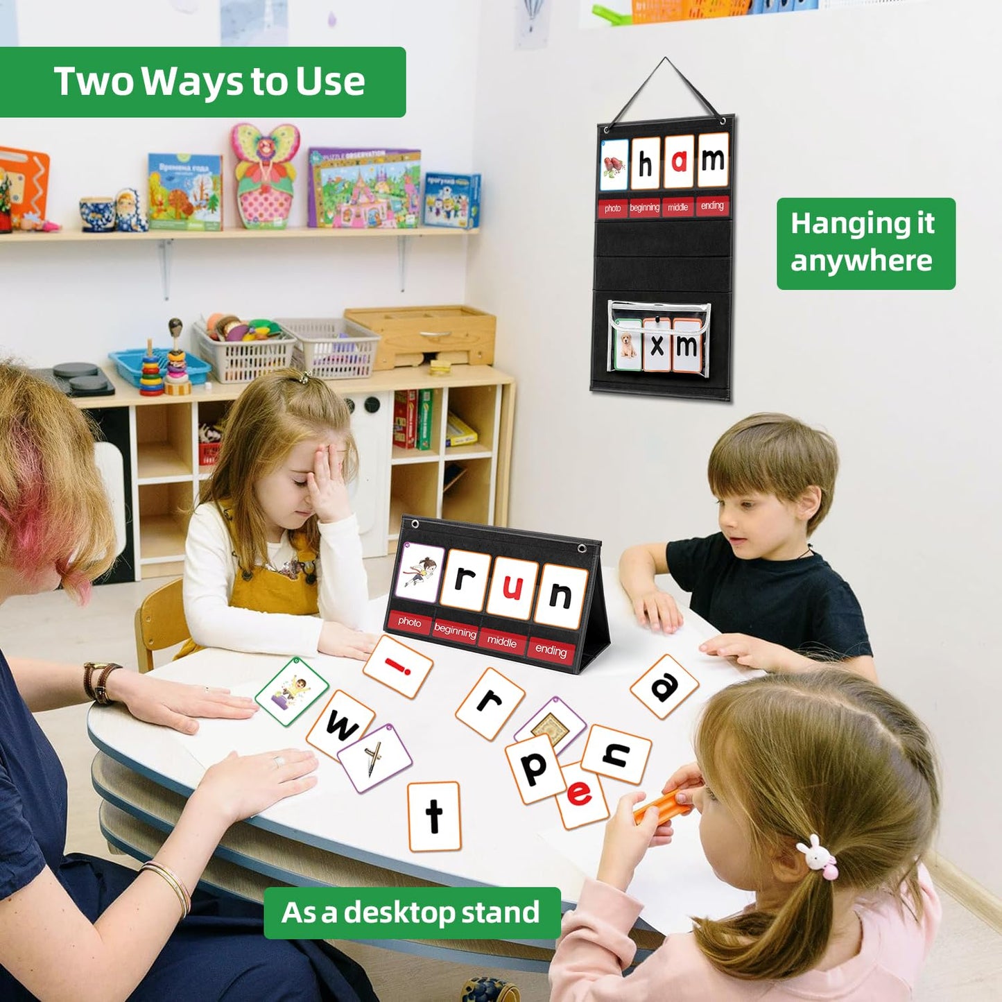 ANSTROUT CVC Word Builder Desktop Pocket Chart with 107 Phonics Flash Cards, Kids Word Builder Games for Learn to Read CVC CVCC CCVC Words, Phonics Learning Tool for Preschool Kindergarten Classroom.