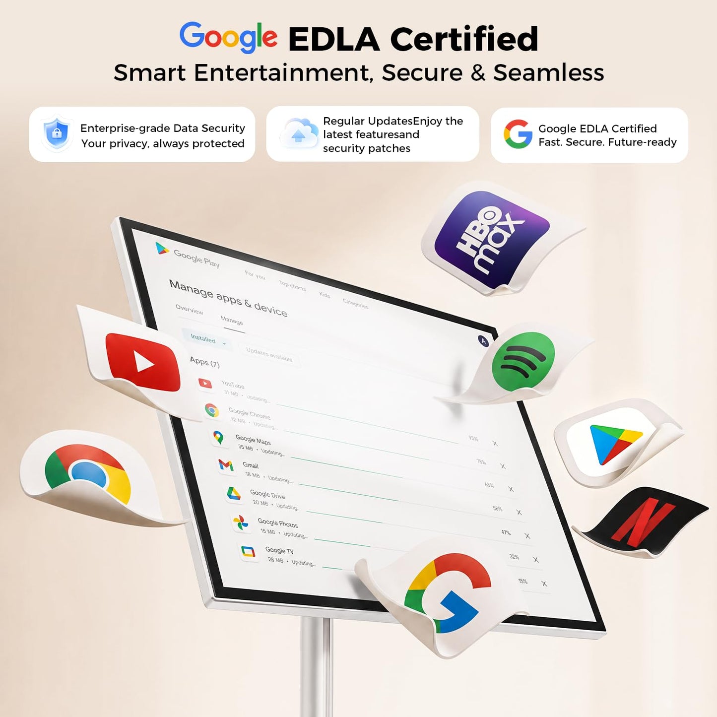 27" Portable Smart Touchscreen Tablet TV on Wheels, Android 15 OS Mobile Smart Display with Google EDLA Certification, 6GB+128GB, Built-in Battery, 4K Camera, Wireless Casting, Rotating Rolling Stand