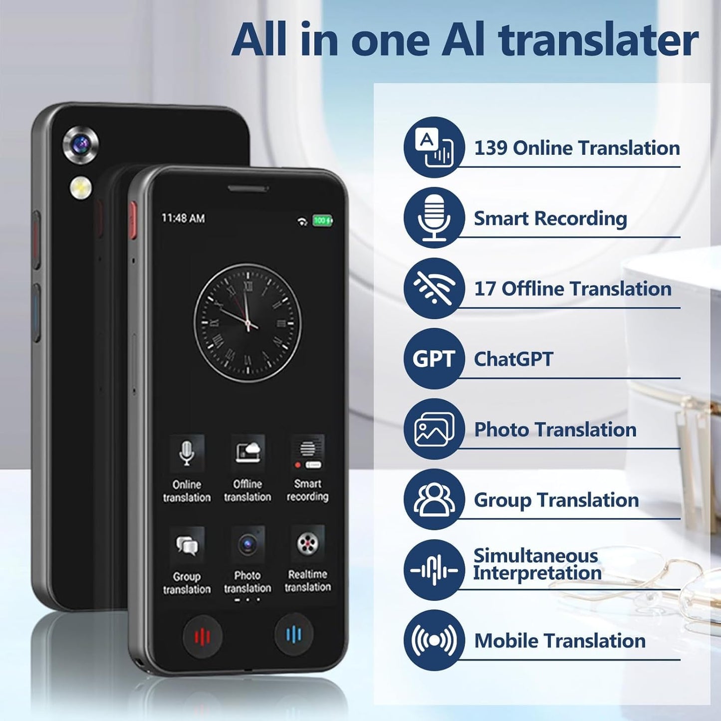 AI Language Translator Device, 5" Screen Support 139 Languages Online & 17 Offline Translation, Instant Voice Text Photo Translation, No WiFi Needed Portable AI Translator for Travel Business Learning
