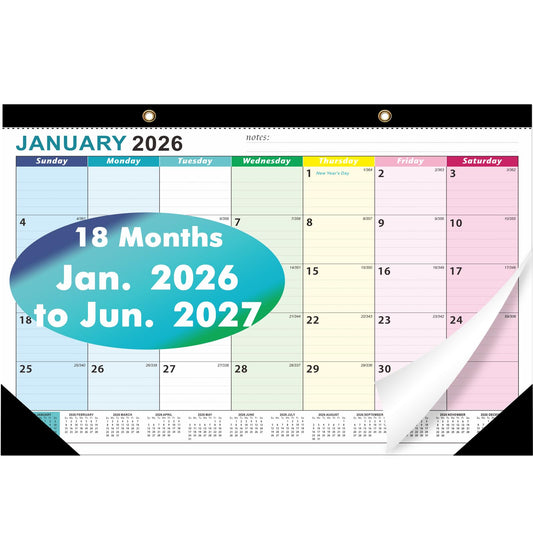 ZTX Desk Calendar 2026-2027 Calendar Desk Calendars 2026-2027-18 Month Planner Big 17"x12" Jan.2026-Jun.2027 Clear Plastic Cover for Home Office School Colorful
