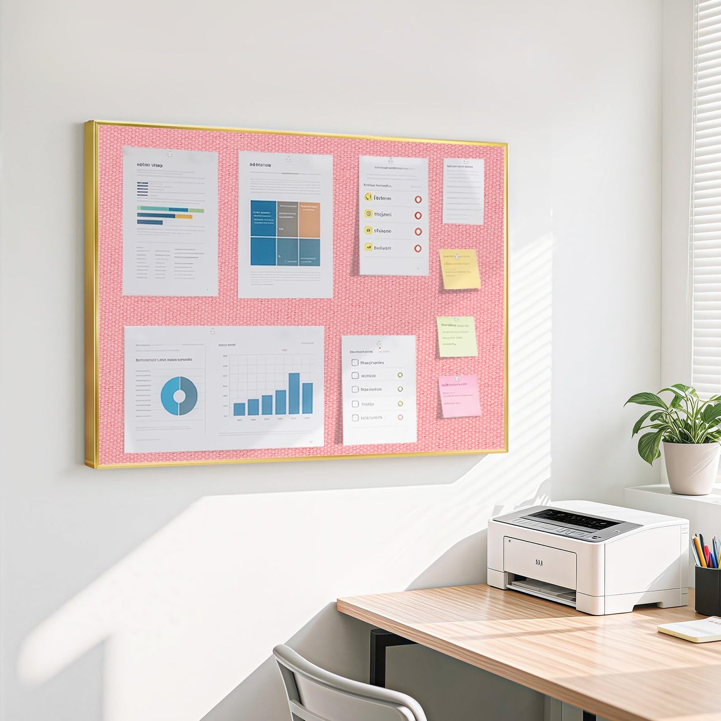 QUEENLINK Linen Bulletin Board 36" x 24", Fabric Pin Board with Gold Aluminum Frame, Decorative Vision Board for Home Office, Bedroom & Dorm Wall Decor, Includes 10 Push Pins, Pink